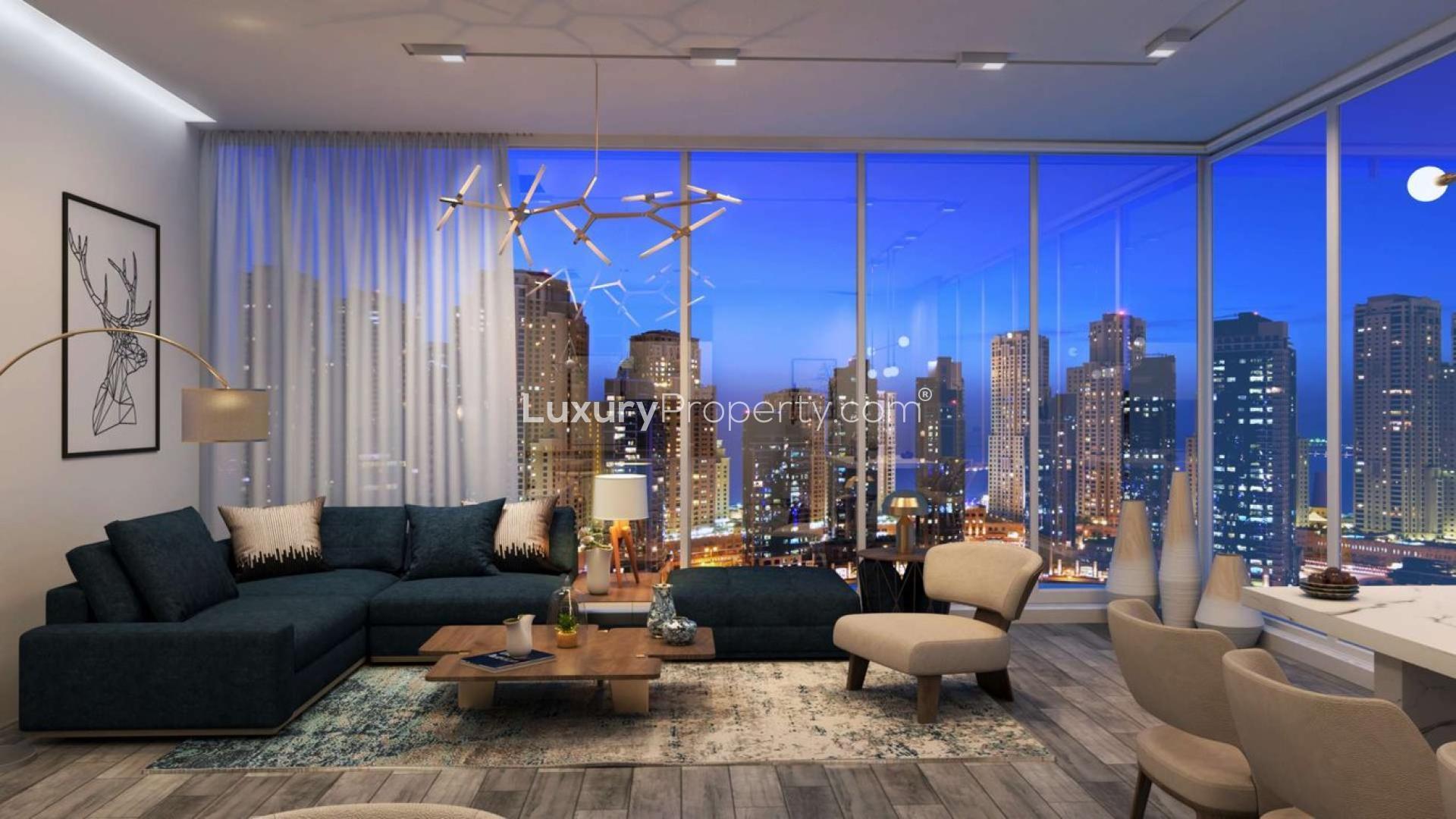 Luxury living room with city skyline view in Stella Maris, Dubai Marina apartment
