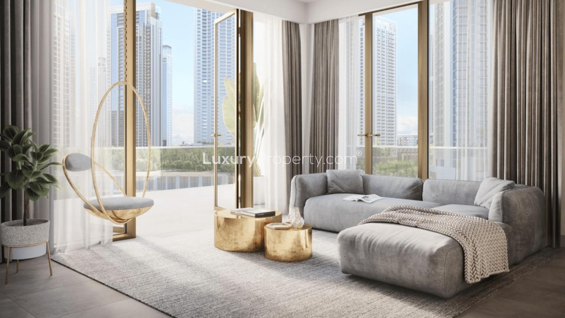Luxurious living room in 4-bedroom apartment, Grove Creek Beach, Dubai, with city view