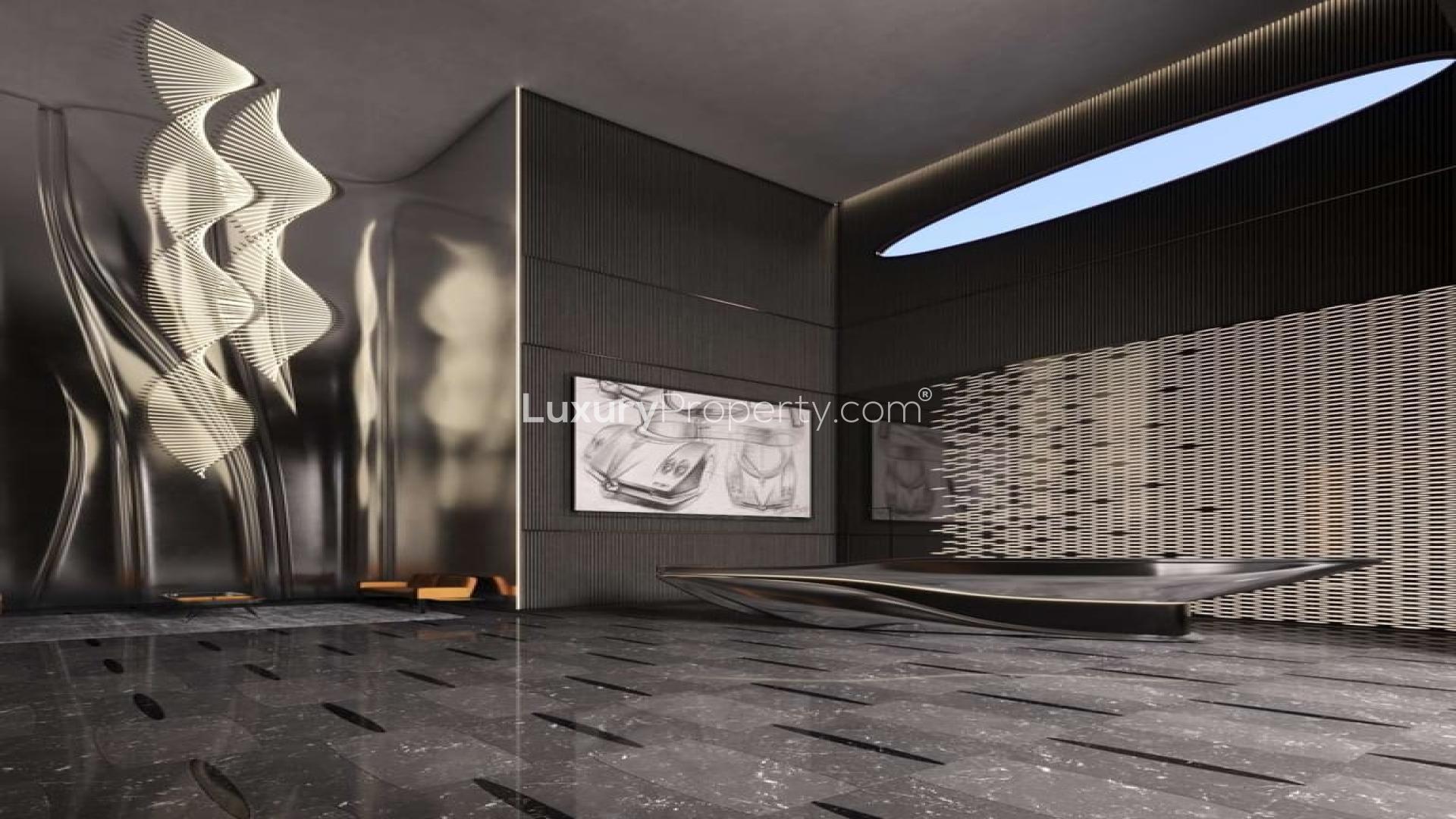 Luxurious living room in Da Vinci Tower apartment, Business Bay, with city view