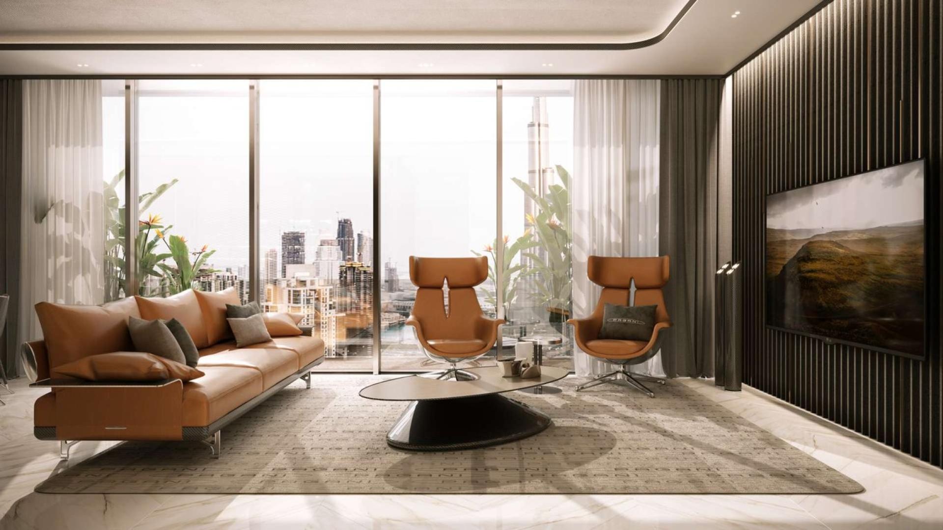 Luxurious living room in Da Vinci Tower apartment, Business Bay, with stunning city views