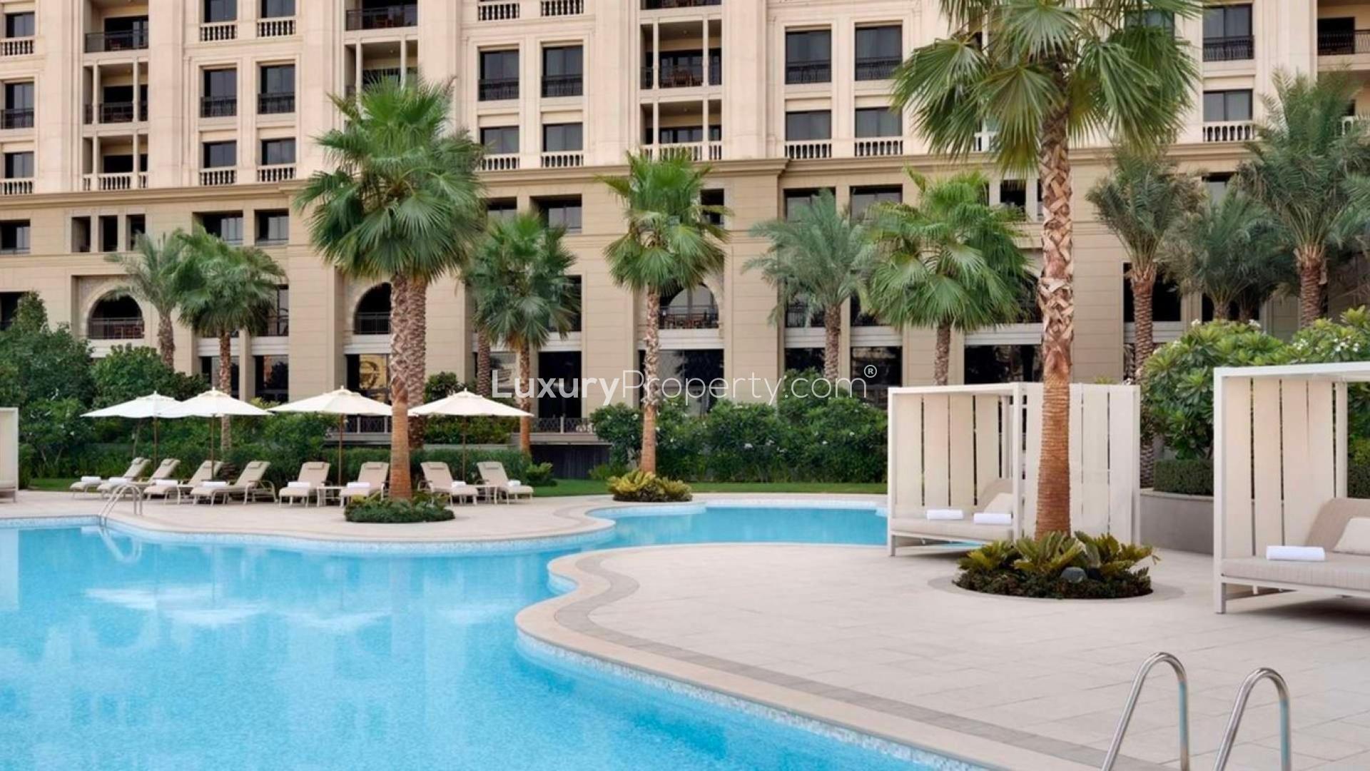 Luxury poolside view at Palazzo Versace, Culture Village, four-bedroom serviced apartment for sale