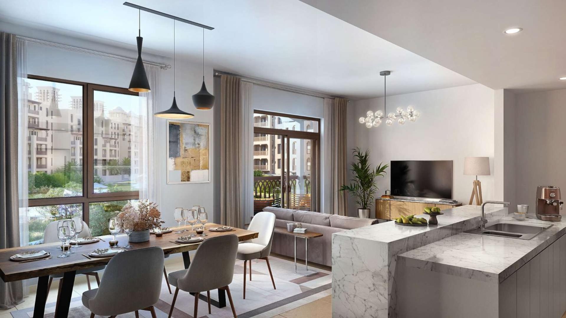 Modern living room in Jadeel apartment, Madinat Jumeirah Living, with Burj Al Arab view