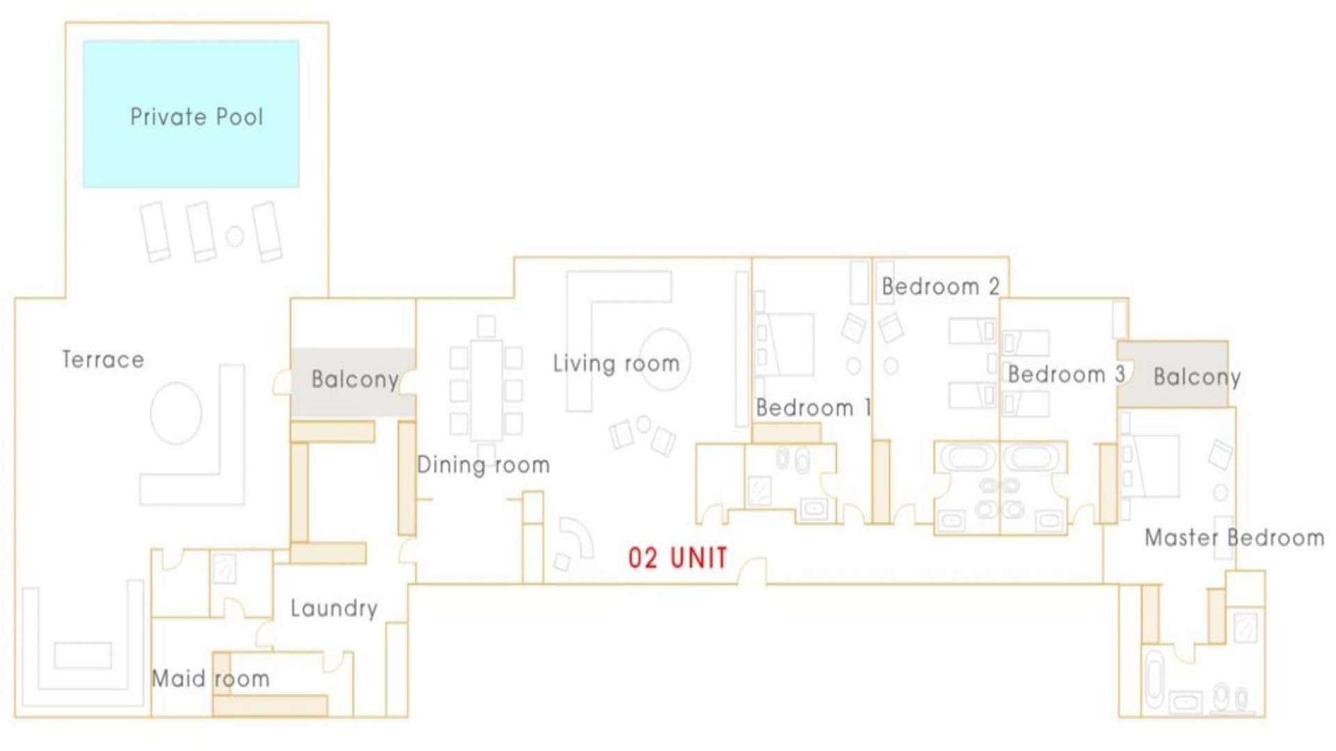 Floor plan of four-bedroom penthouse in Murjan, Jumeirah Beach Residence with private pool