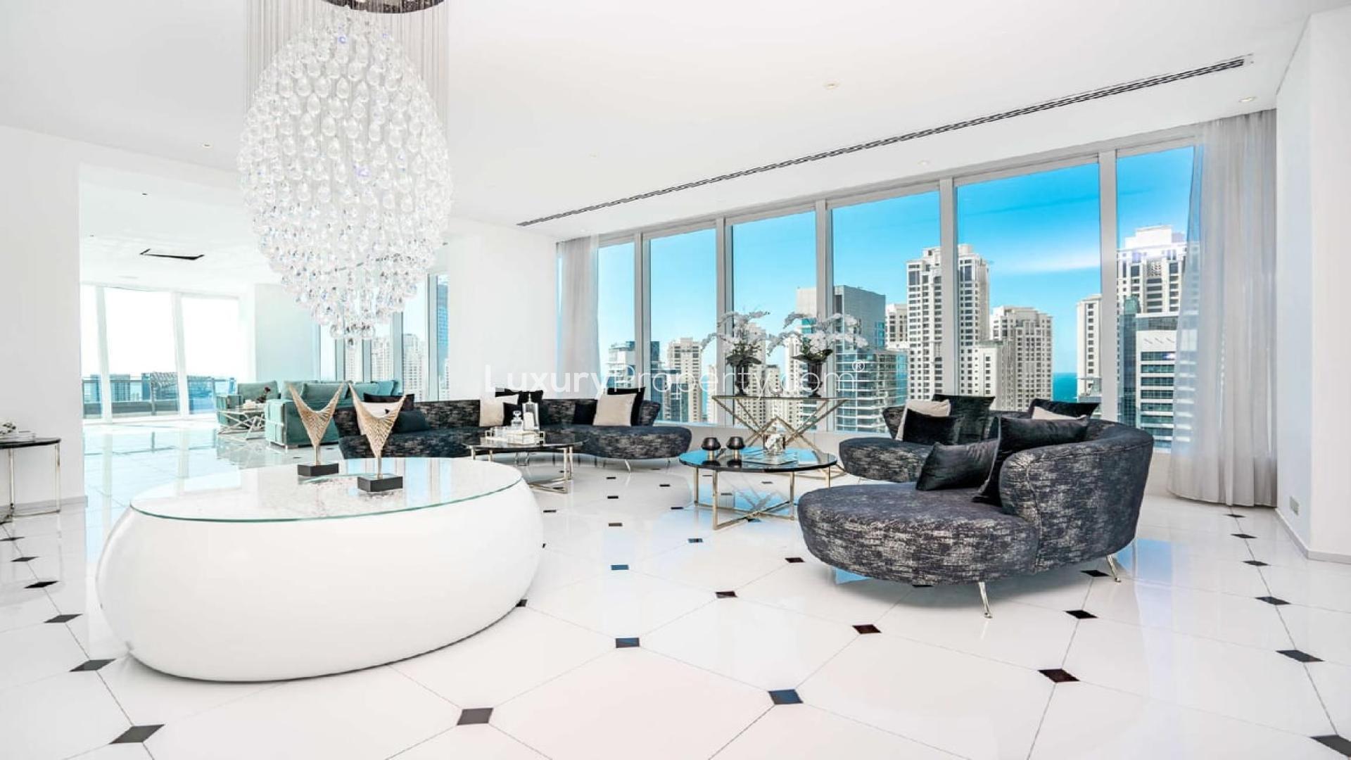 Luxurious living room with marina views in Silverene Towers penthouse, Dubai Marina