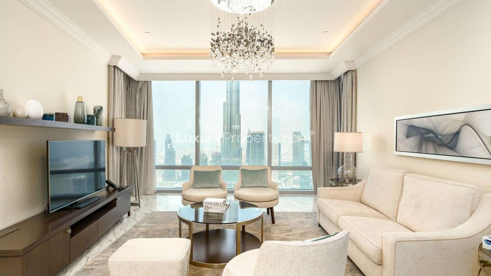 Luxury furnished living room in Downtown Dubai penthouse, stunning Burj Khalifa view