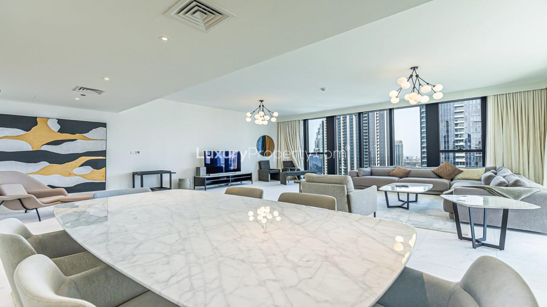 Luxurious living room in 4-bedroom penthouse, Downtown Dubai, with Burj Khalifa views