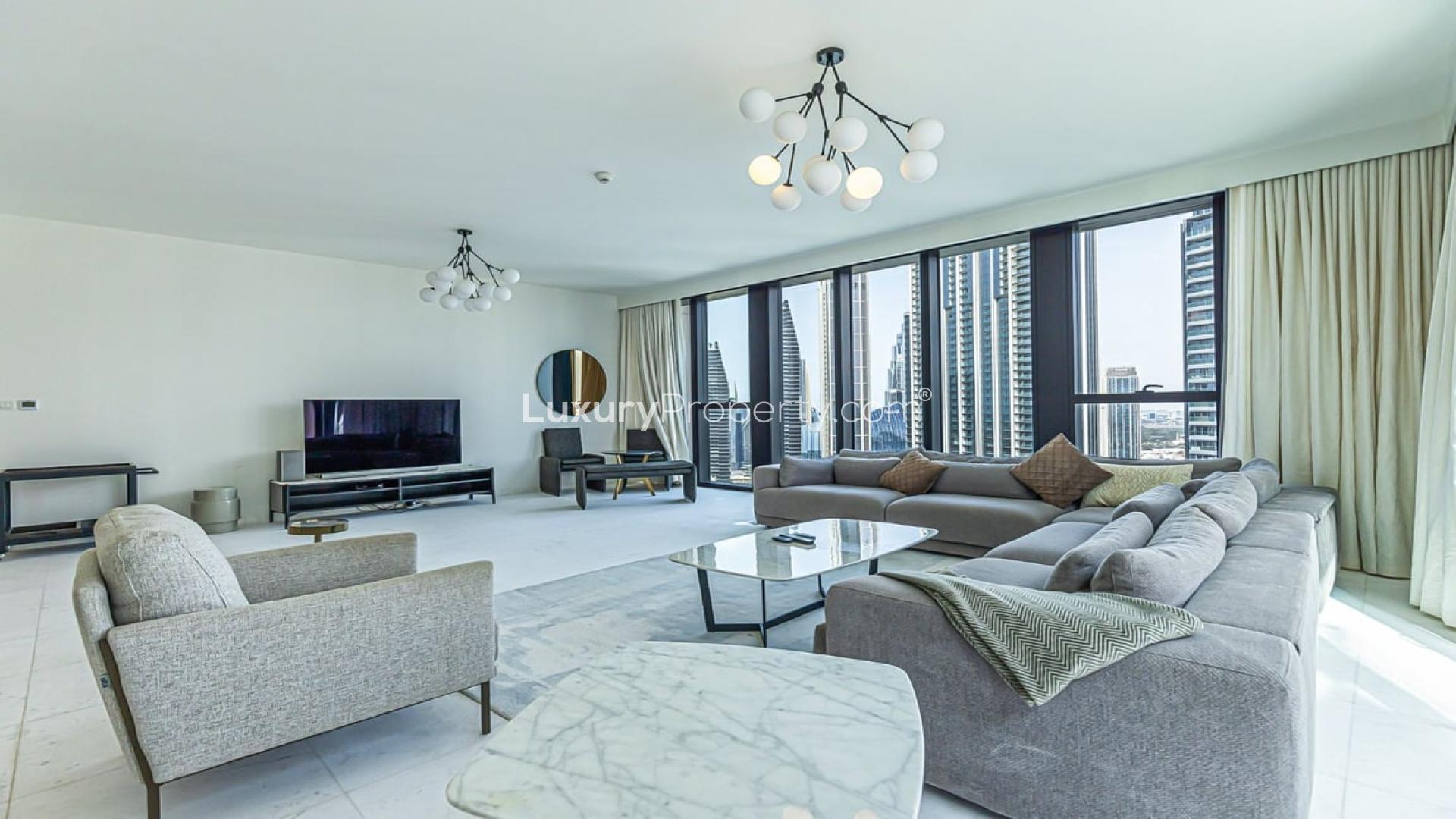 Outdoor terrace with Burj Khalifa views in luxury penthouse, Downtown Dubai, BLVD Heights