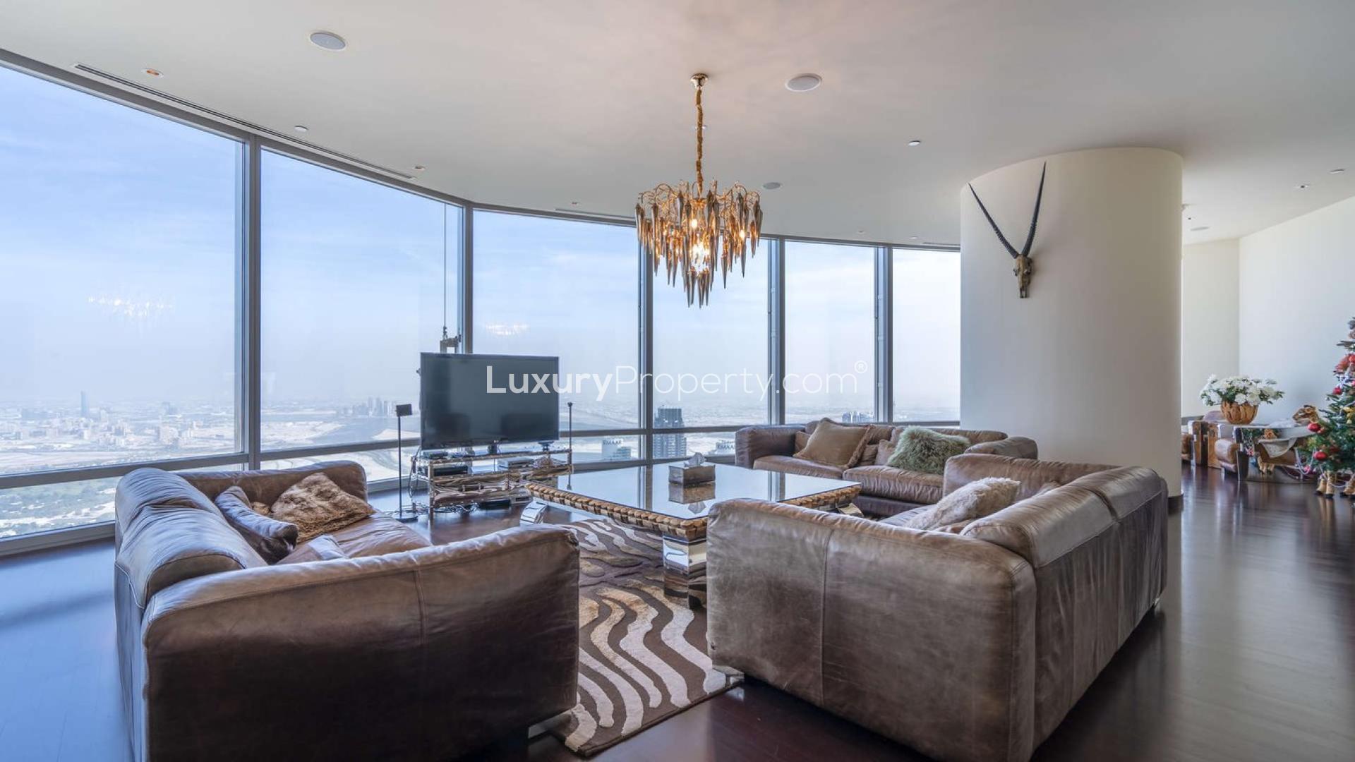 Luxurious living room in Burj Khalifa penthouse with stunning Downtown Dubai views