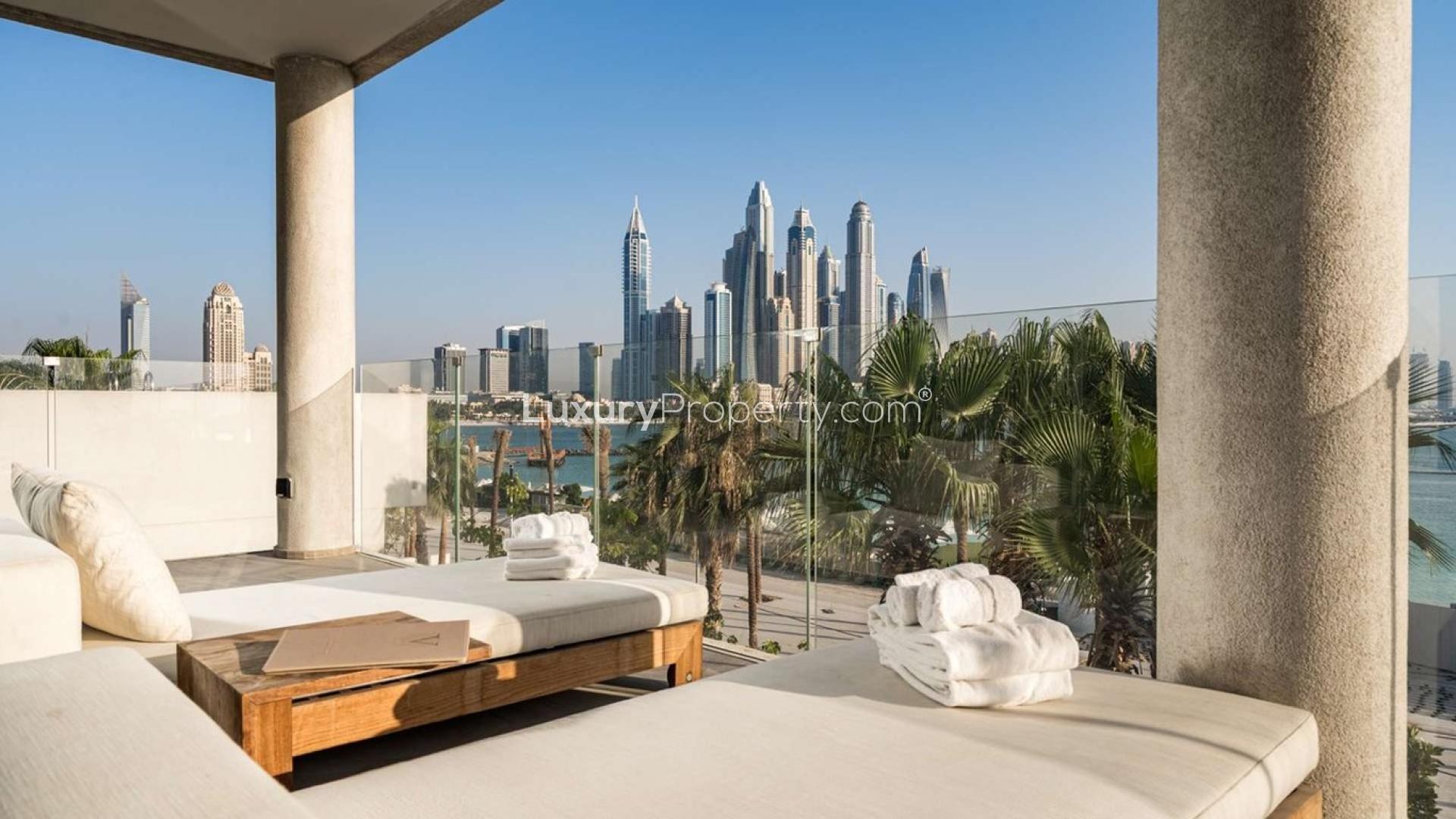 Luxurious penthouse terrace view at FIVE Palm Jumeirah with skyline and sea scenery