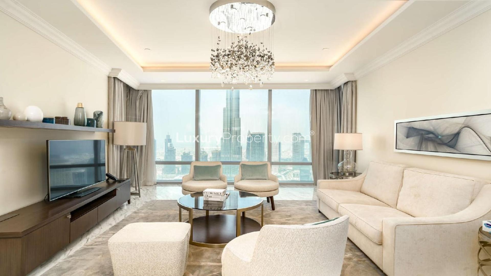 Luxurious living room in 4-bedroom penthouse, Downtown Dubai, Address Fountain Views skyline view
