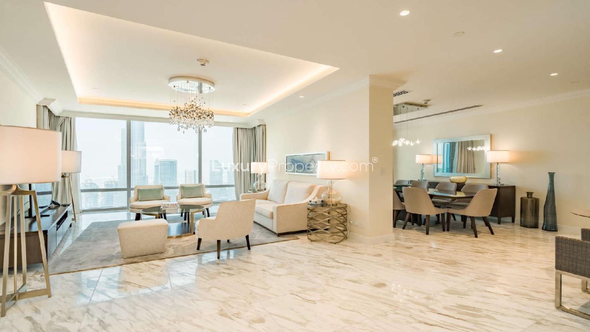 Luxurious living and dining area in 4-bedroom penthouse, Address Fountain Views, Downtown Dubai
