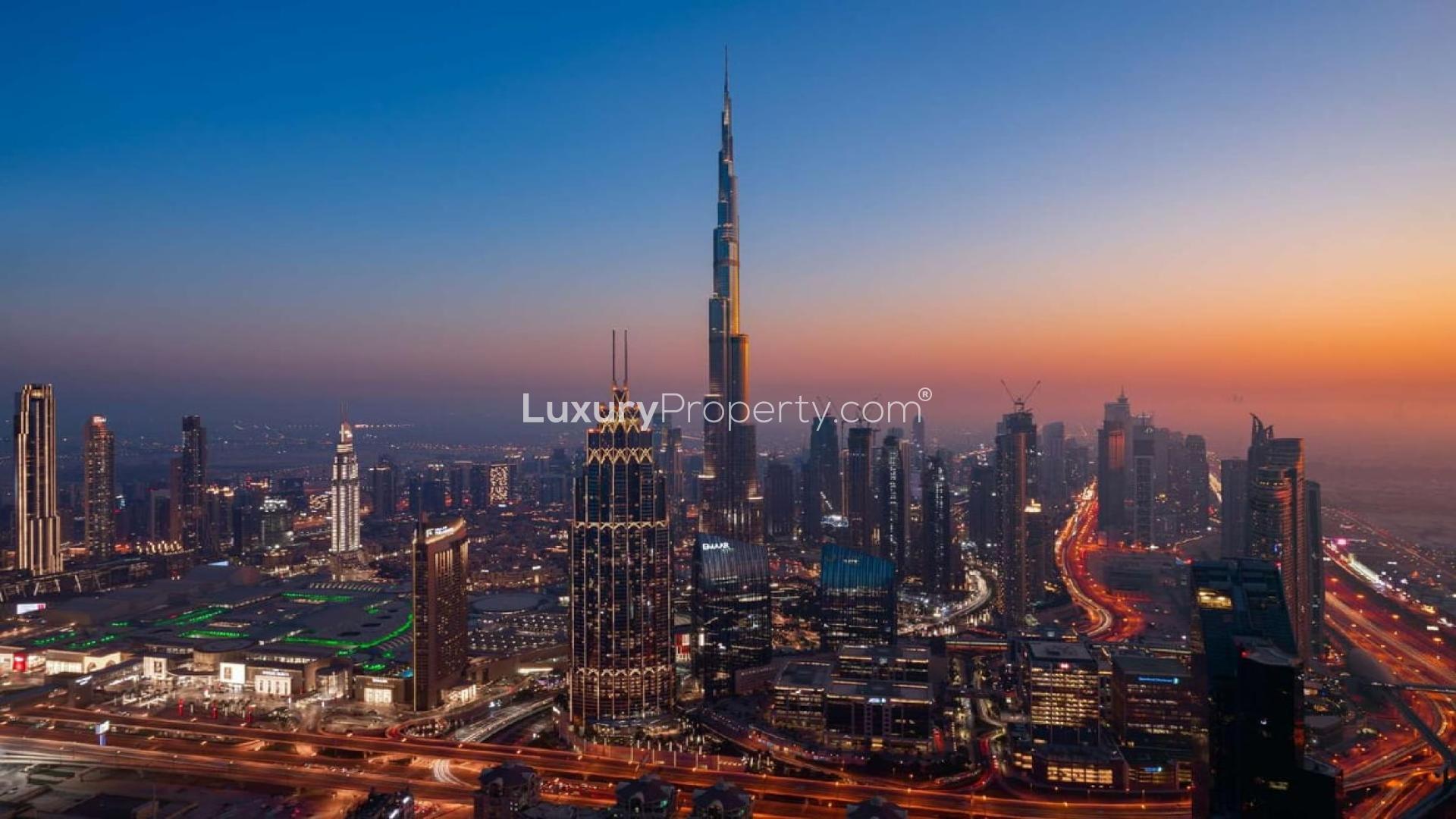 Luxurious penthouse panoramic views of Dubai skyline from Index Tower, DIFC at sunset