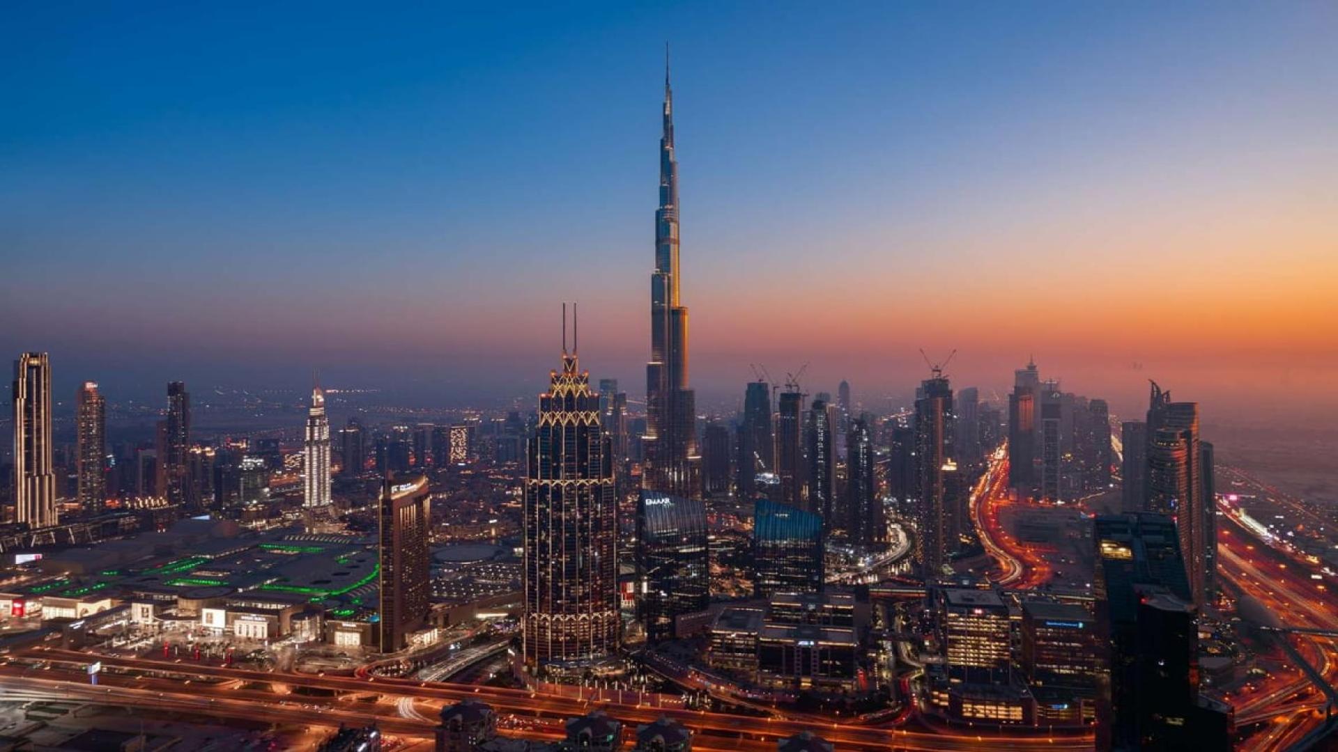 Luxurious penthouse panoramic views of Dubai skyline from Index Tower, DIFC at sunset