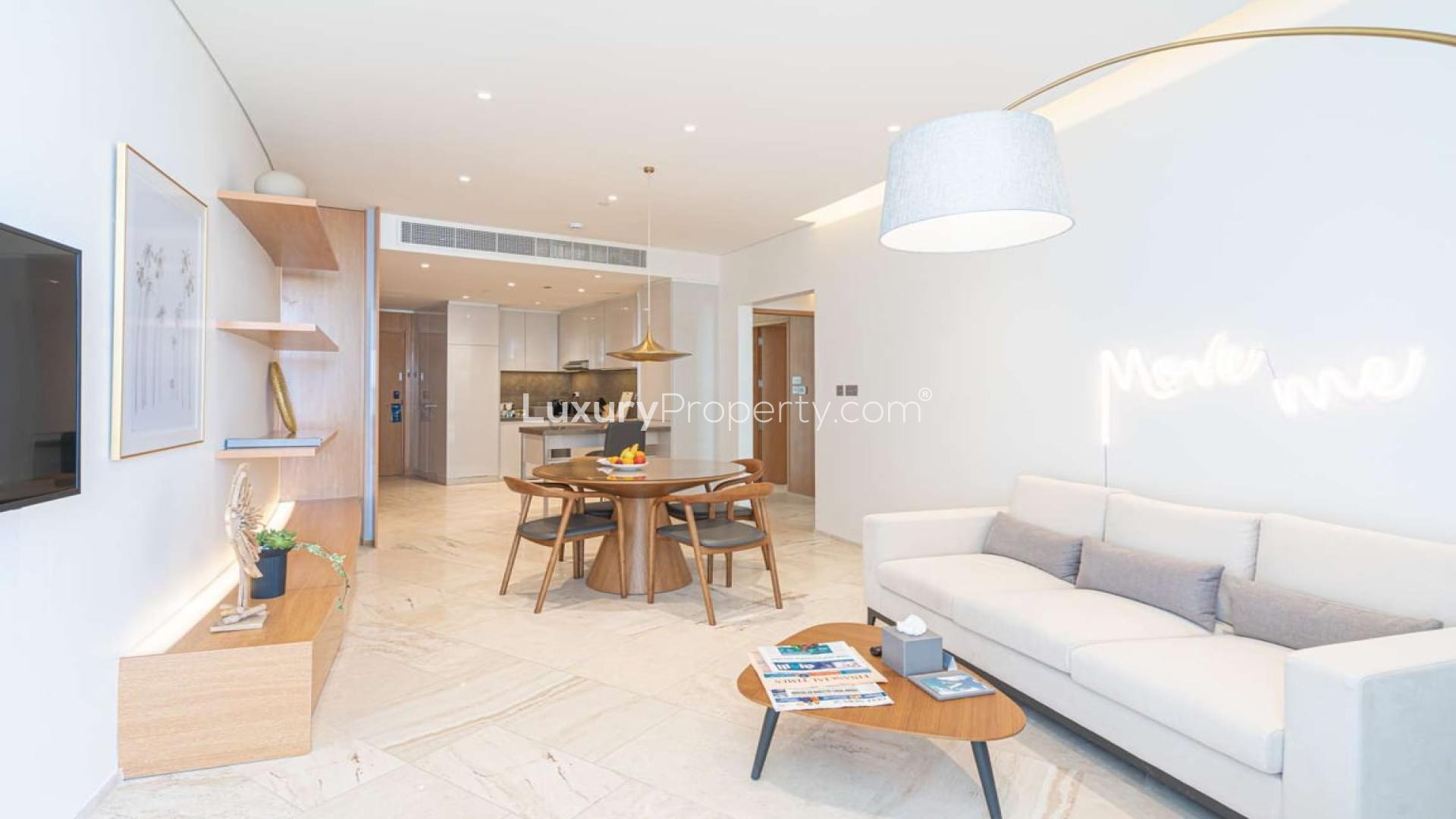 Modern penthouse bedroom with city views at The Five, Jumeirah Village Circle