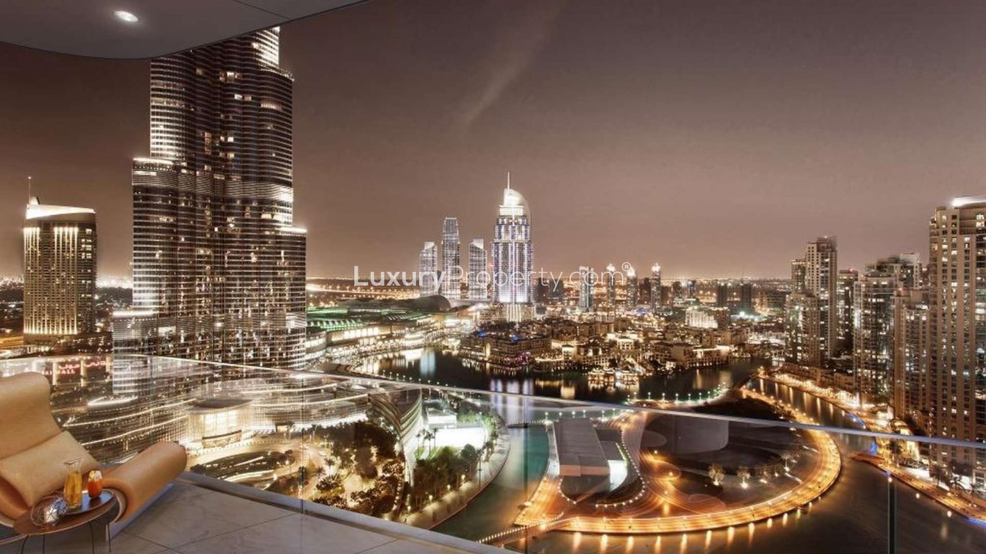 Luxurious living room in IL Primo penthouse, Downtown Dubai, with stunning city skyline views