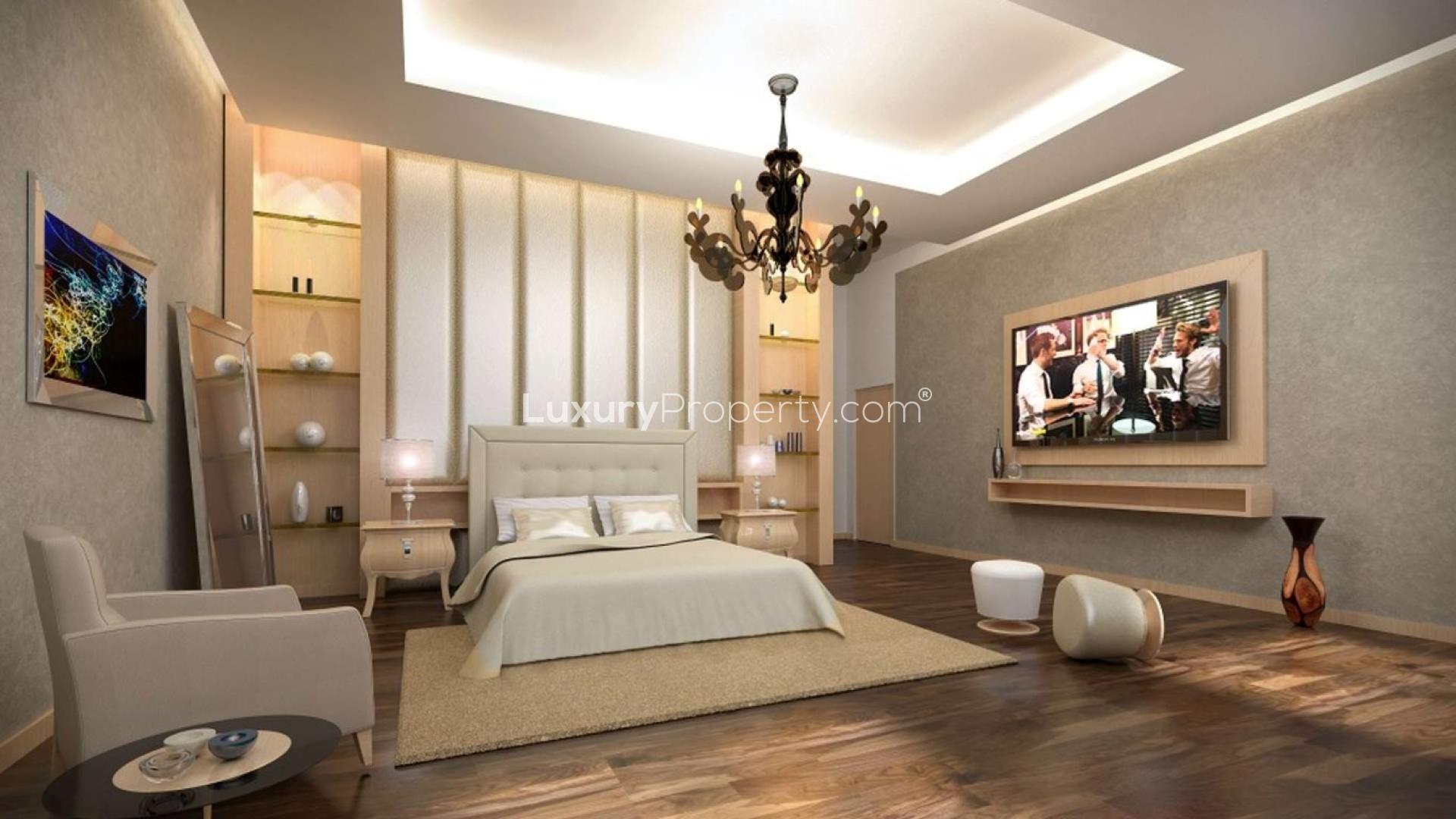 Exotic penthouse pool and lounge area with sea view in Palm Jumeirah, Anantara Residences