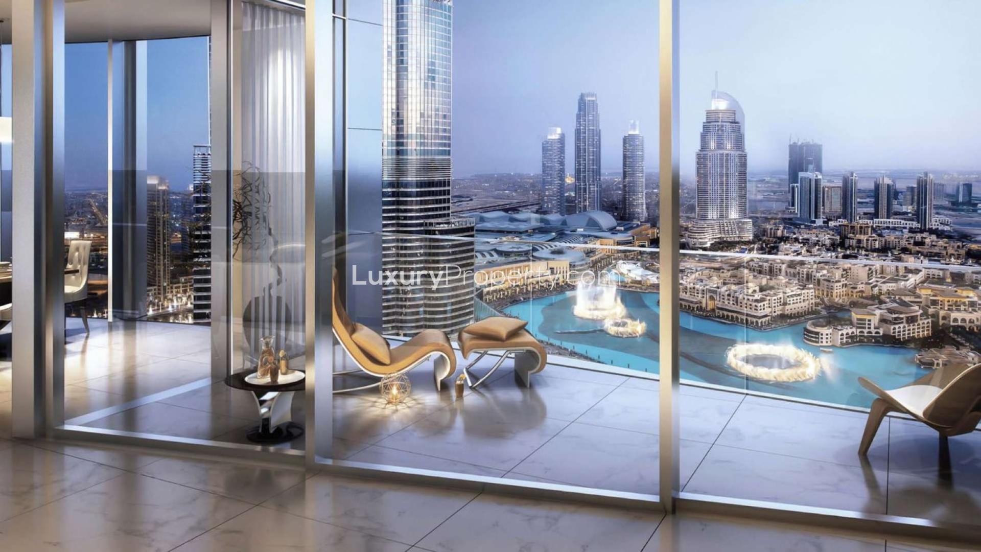 Luxurious penthouse living room with cityscape view in Downtown Dubai's Opera District