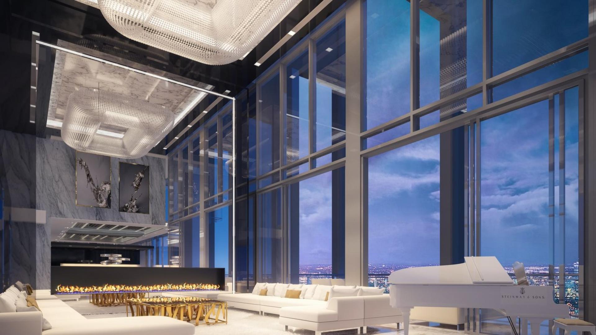Exterior view of The Sterling penthouse in Business Bay, featuring modern architecture and palm trees