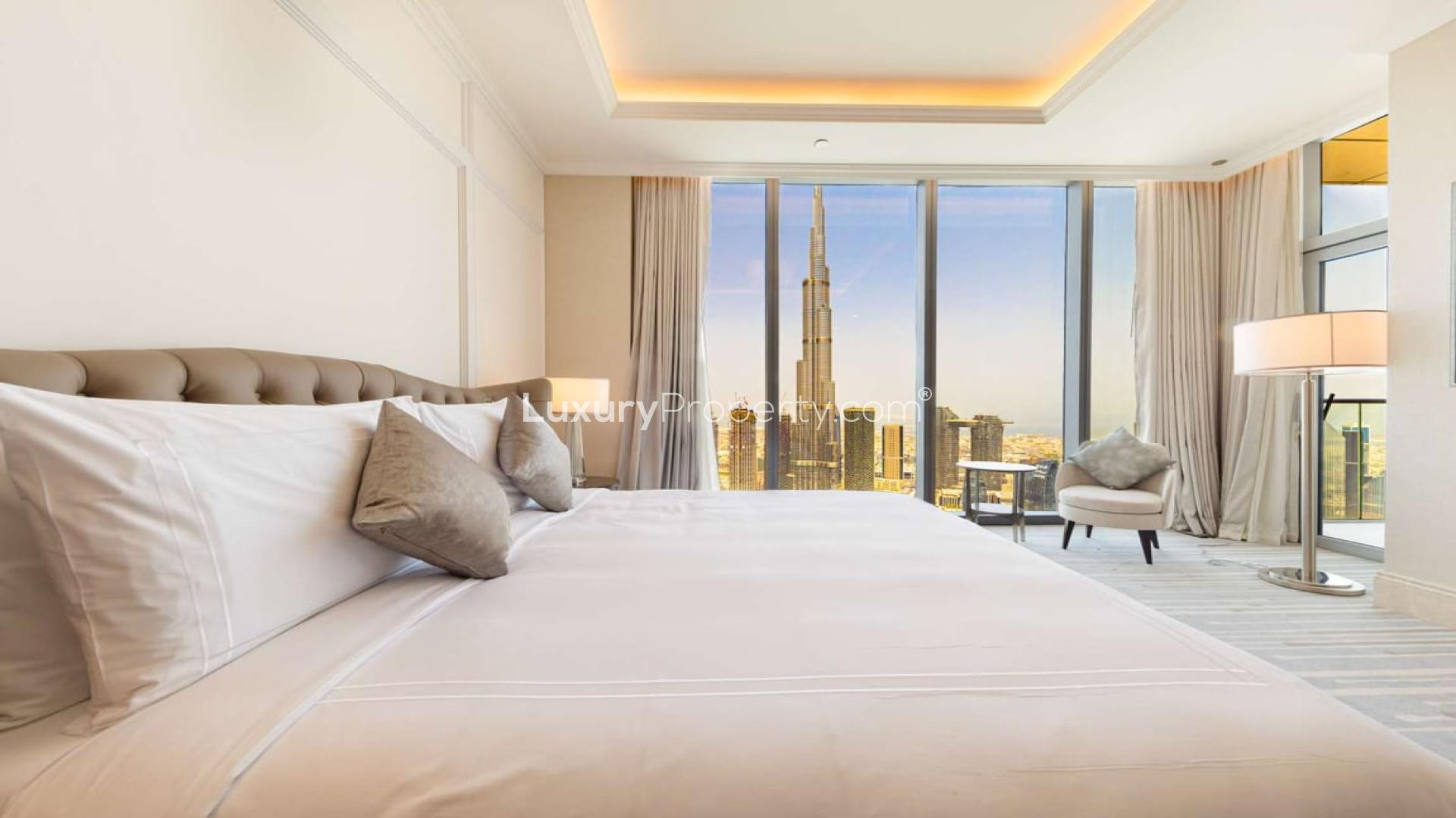 Luxurious penthouse living room with city views at The Address Residence Fountain Views, Dubai