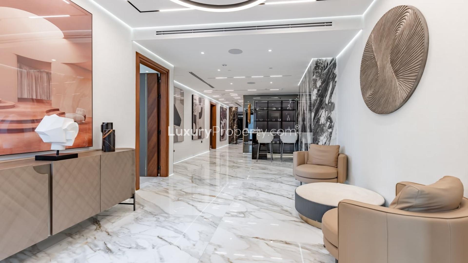 Luxurious living room in LIV Residence penthouse, Dubai Marina, with modern decor and city views