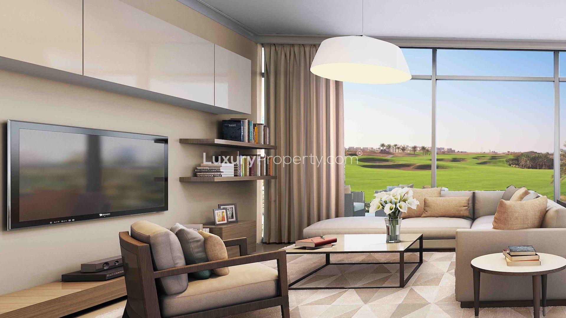 Luxurious townhouse patio with golf view, pergola, and blooming flowers in Rose Village