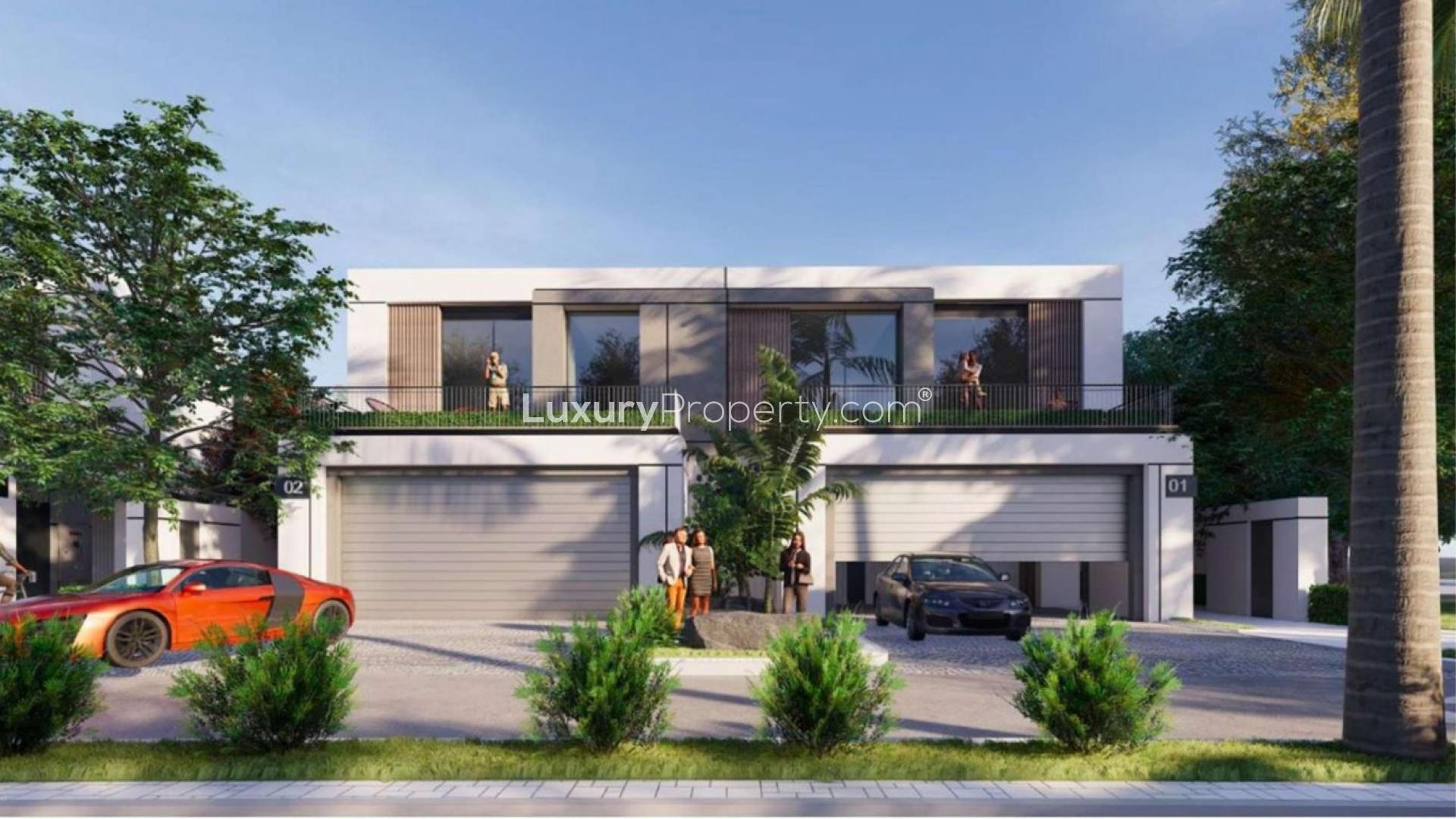 Exterior view of modern townhouse in District One, Mohammed Bin Rashid City, for sale