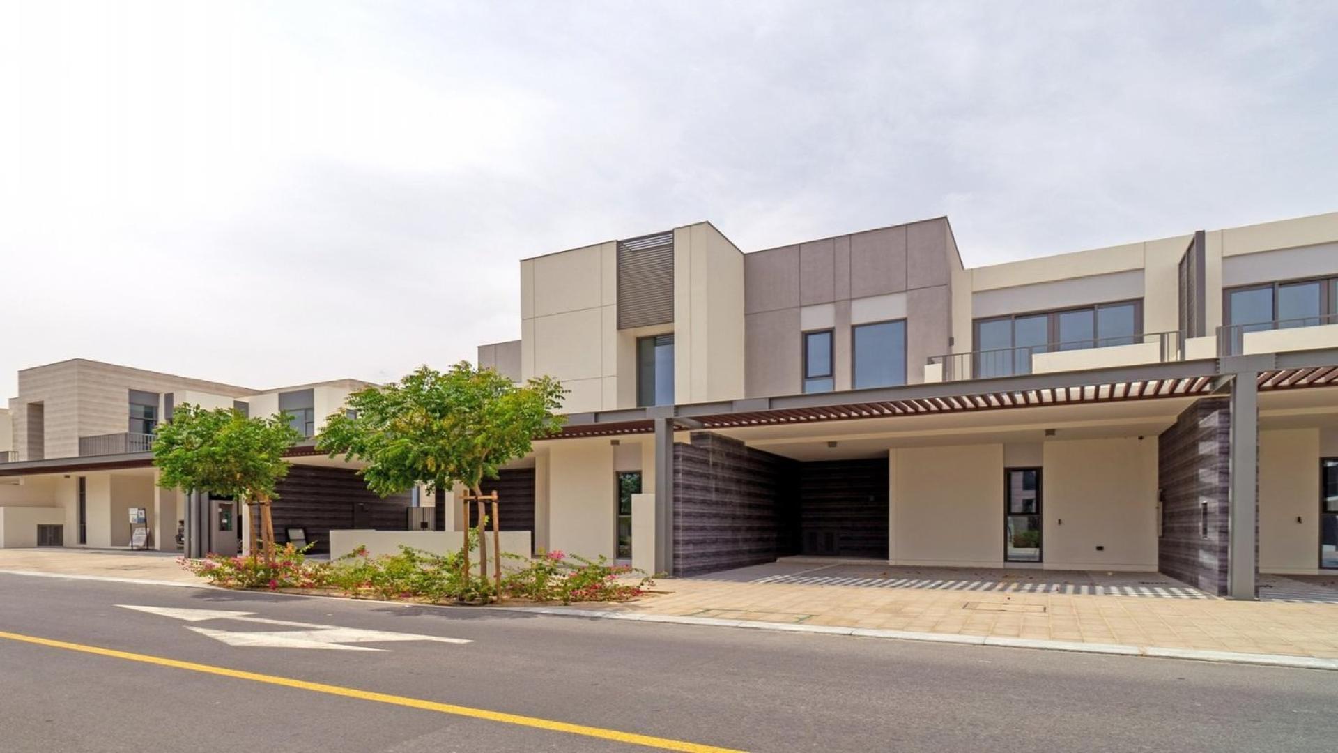 Exterior of single-row corner townhouse in Joy, Arabian Ranches 3, for sale