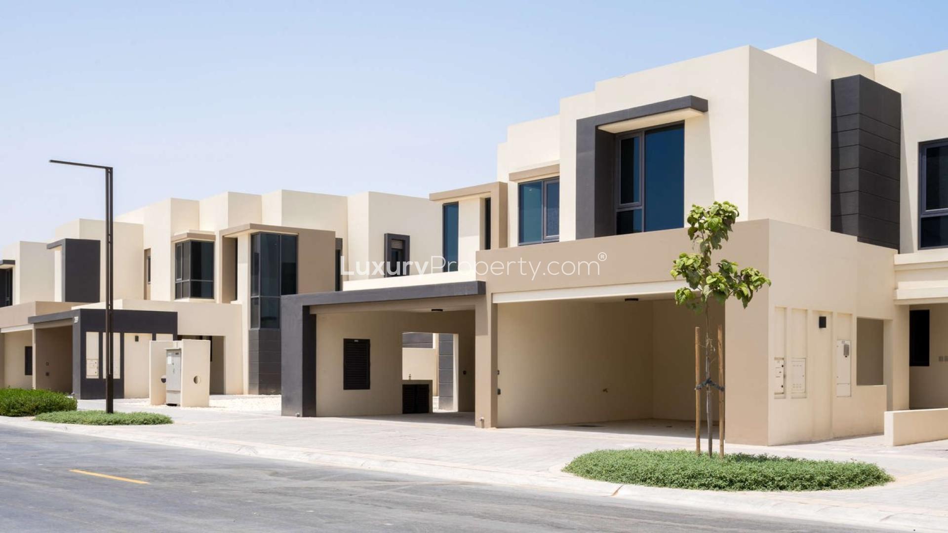 Modern 4-bedroom townhouse exterior in Maple 1, Dubai Hills Estate, available for rent