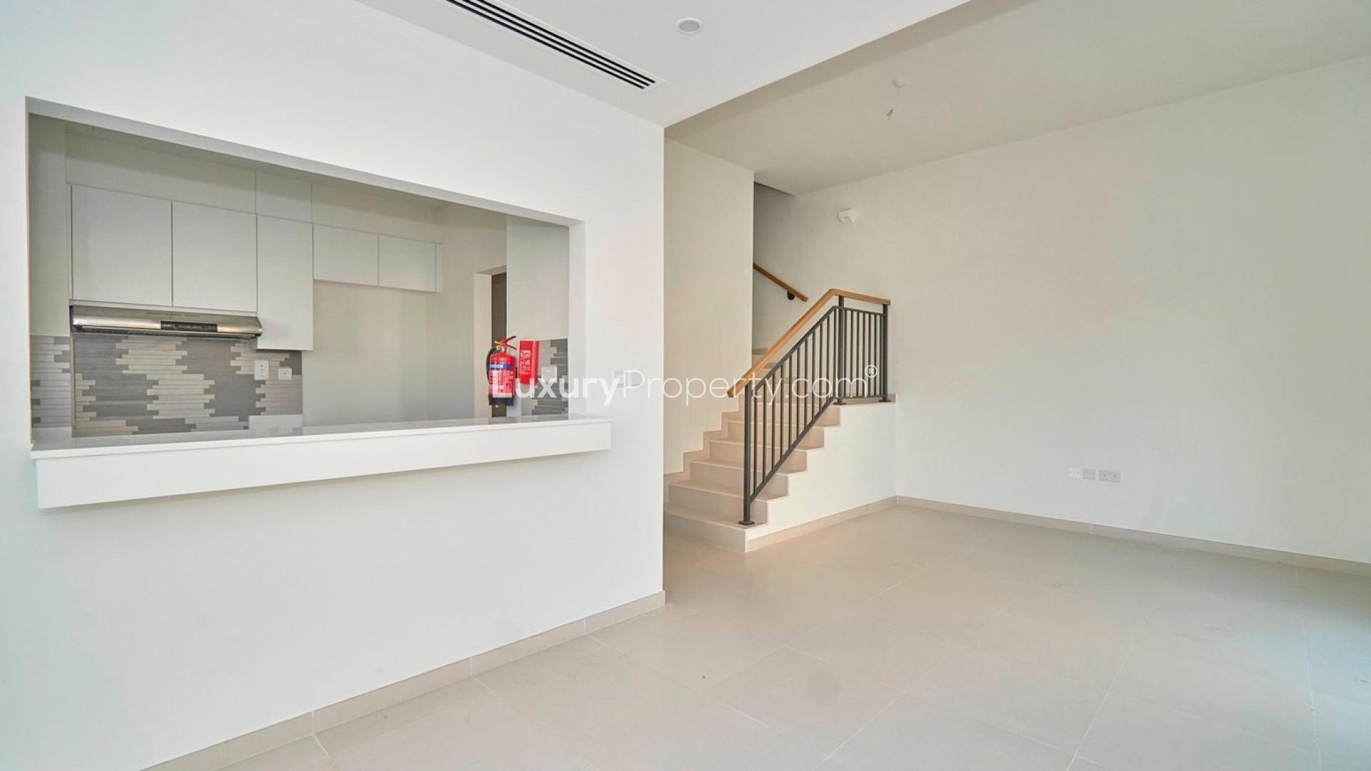 Exterior view of modern 4-bedroom villa for rent in Villanova, Dubai Land