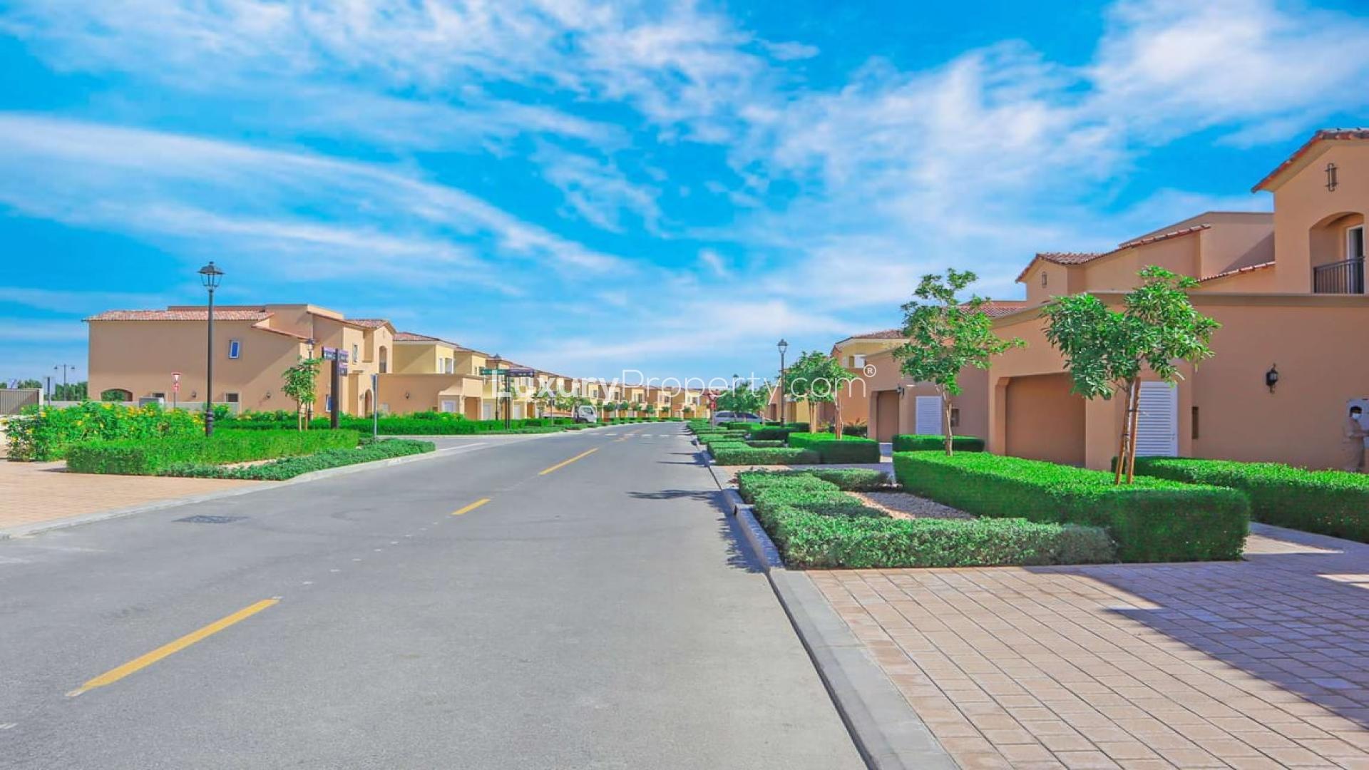 Villa for rent in Villanova, Dubai Land, near park and pool, spacious backyard view