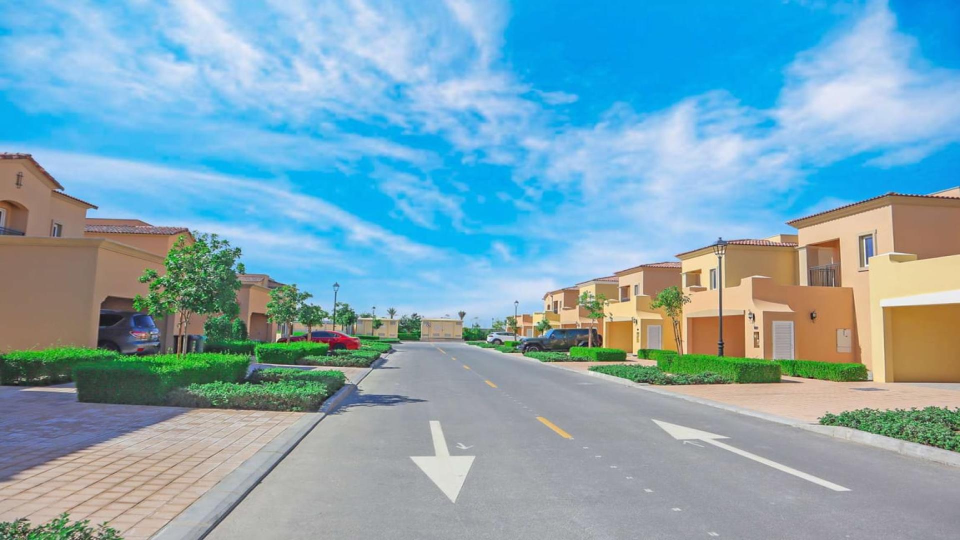 Villa exterior in Villanova, Dubai Land, near park and pool, available for rent