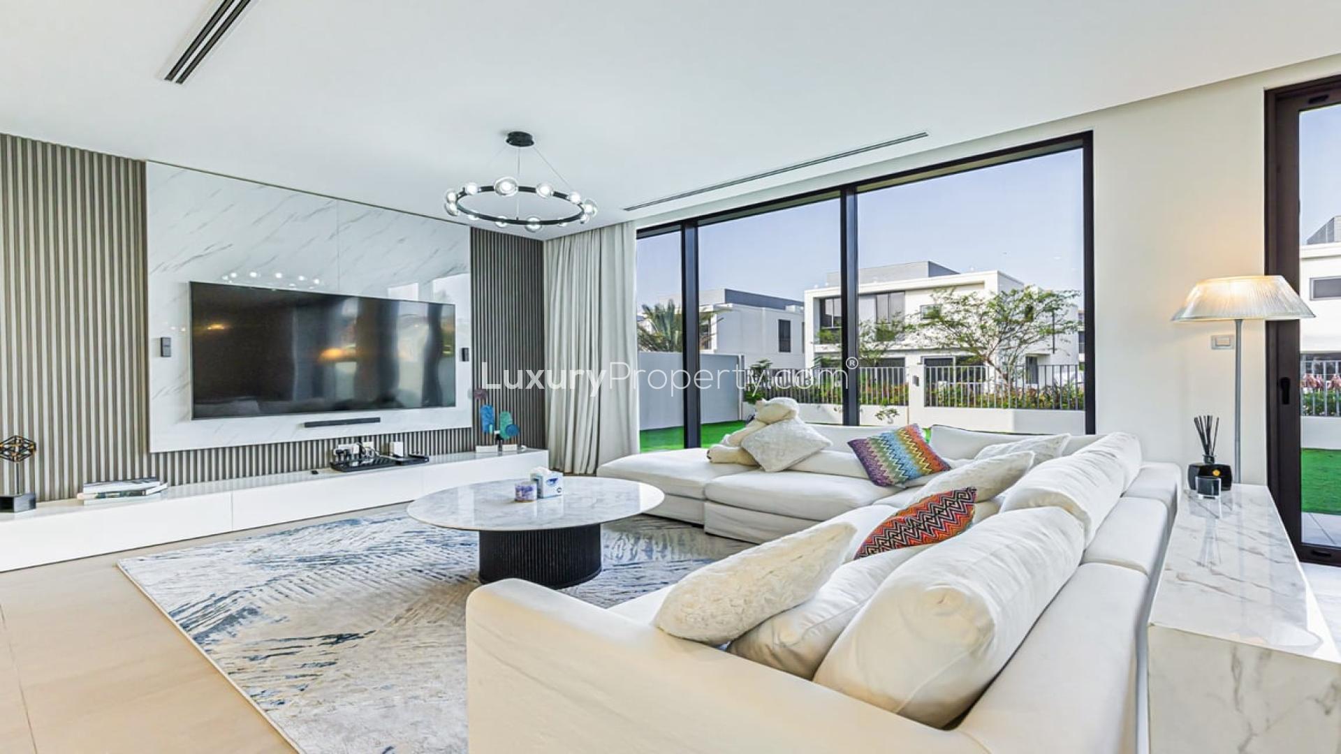 Elegant villa exterior with green lawn in Sidra Villas, Dubai Hills Estate for rent