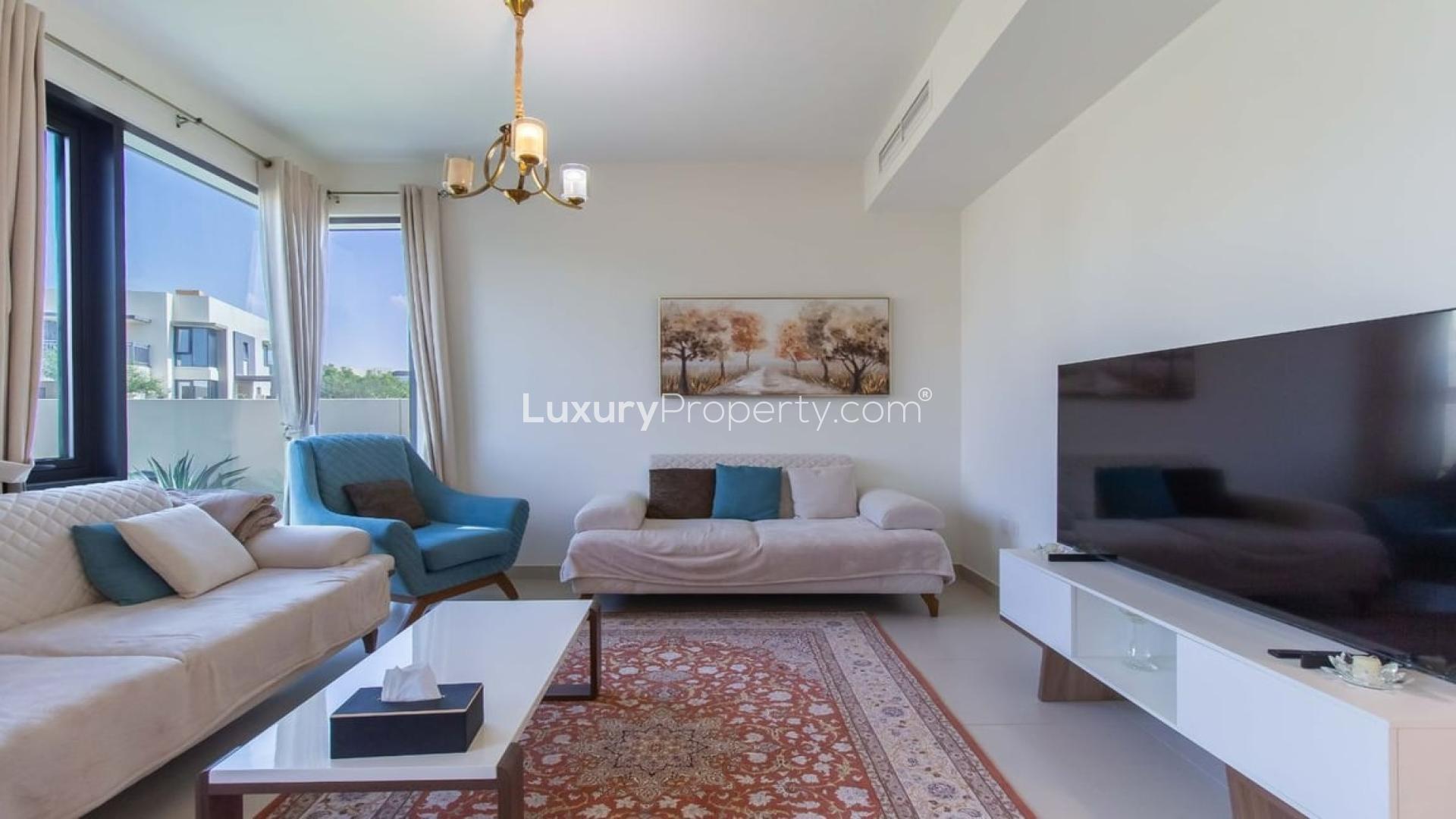 Furnished living room in 4-bedroom villa, Maple at Dubai Hills Estate, available for rent