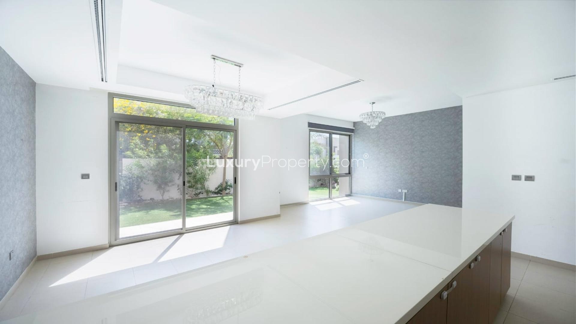 Corner villa exterior with garden in Reem Community, Arabian Ranches 2, for rent