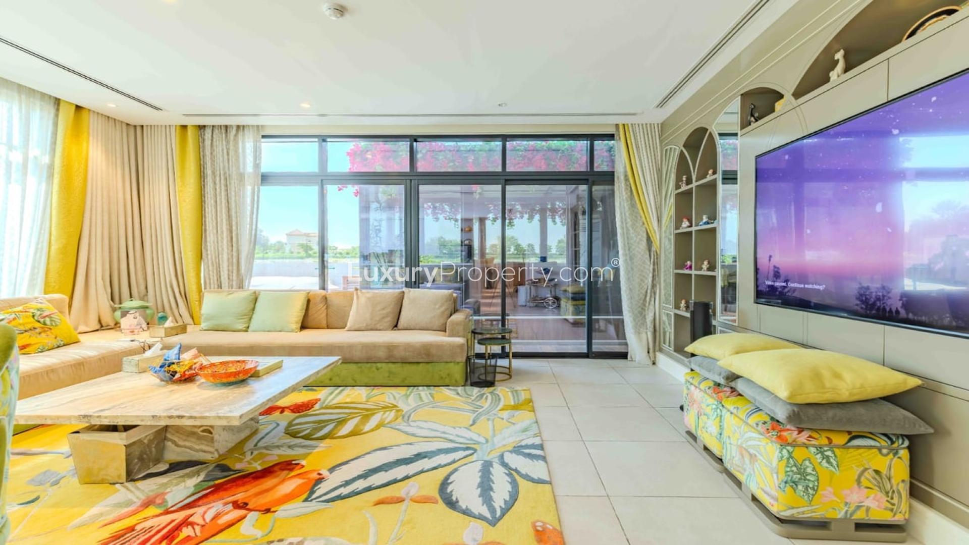 Luxury living room with modern decor in Jumeirah Golf Estates villa for rent