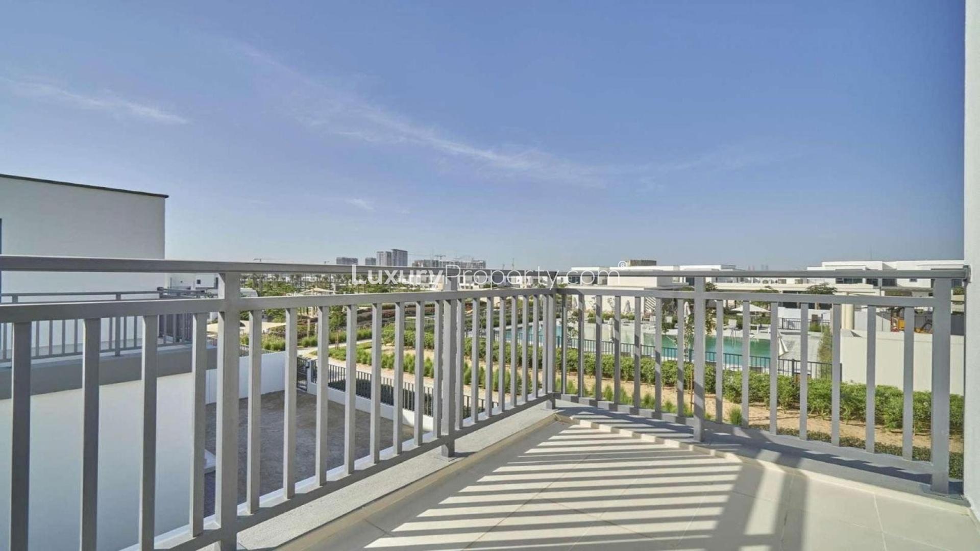 Luxurious villa interior with large windows overlooking Dubai Hills Estate, Maple 3 community view