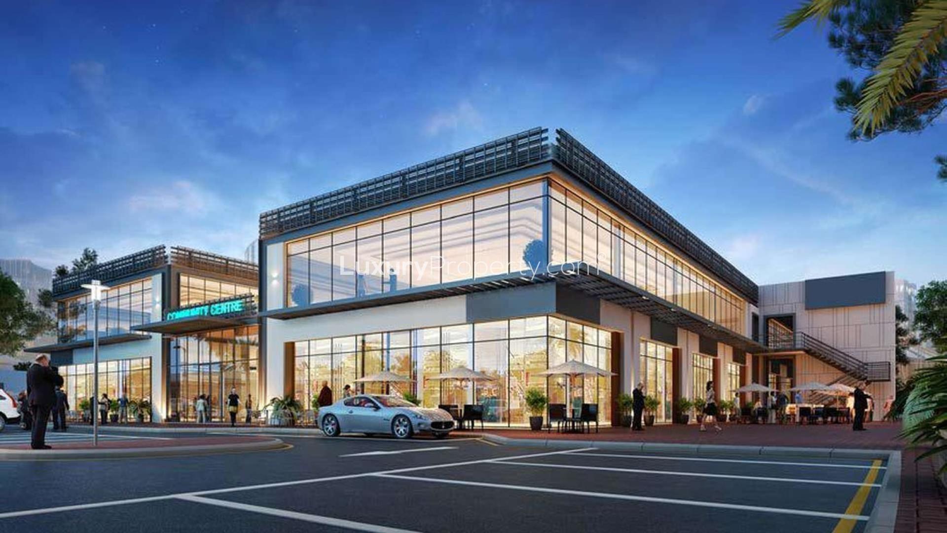 Community center exterior near luxury villa in Jumeirah Park Homes, Dubai, at dusk