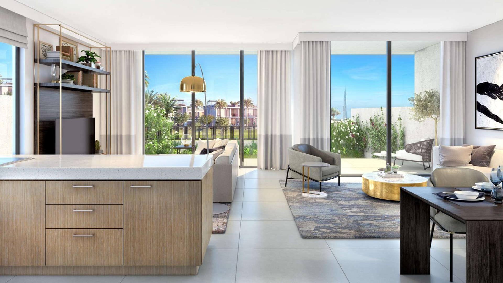 Modern villa exterior in Golf Grove, Dubai Hills Estate, featuring lush landscaping and parked cars