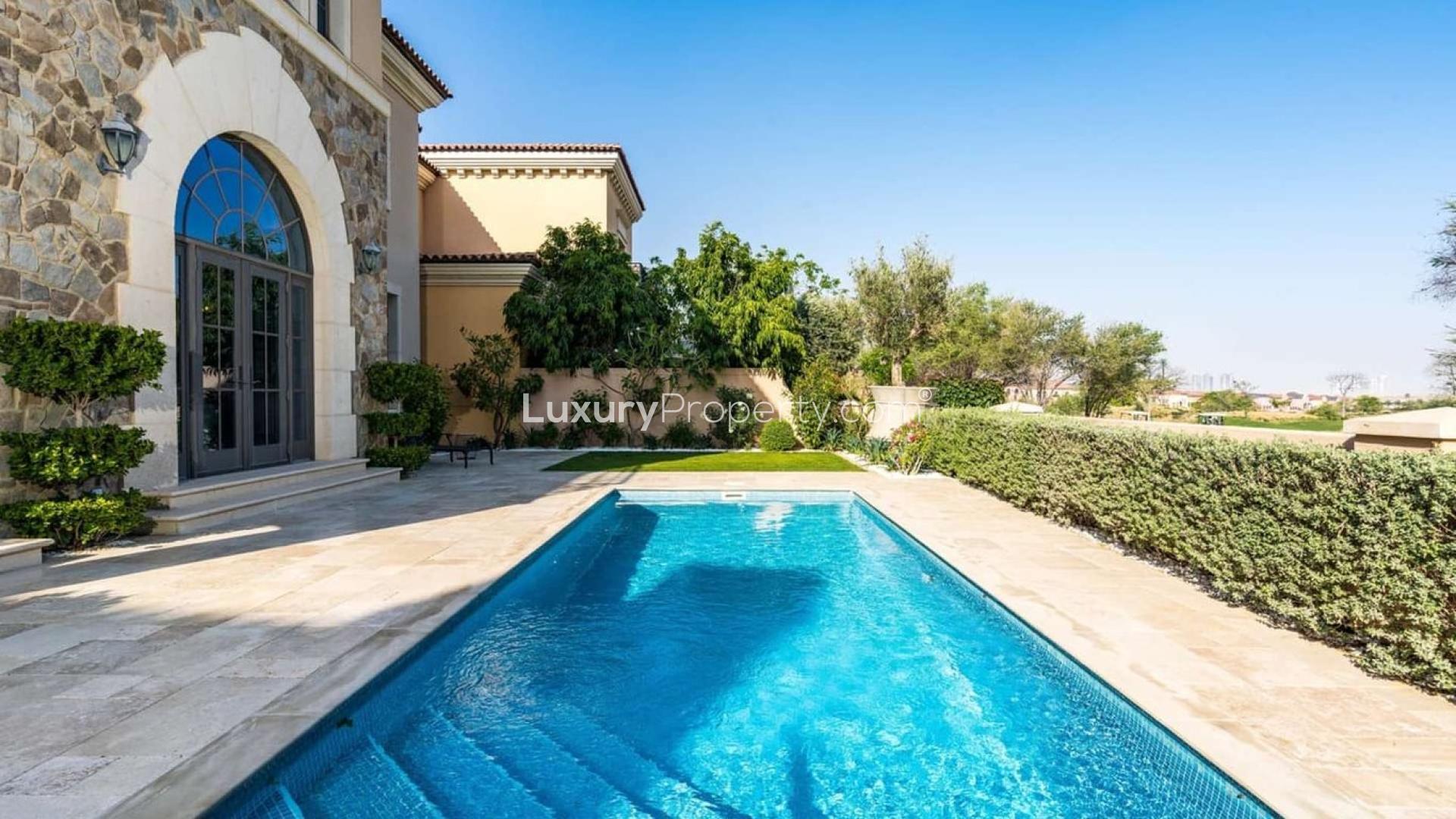 Luxurious living room in Whispering Pines villa, Jumeirah Golf Estates, with elegant decor