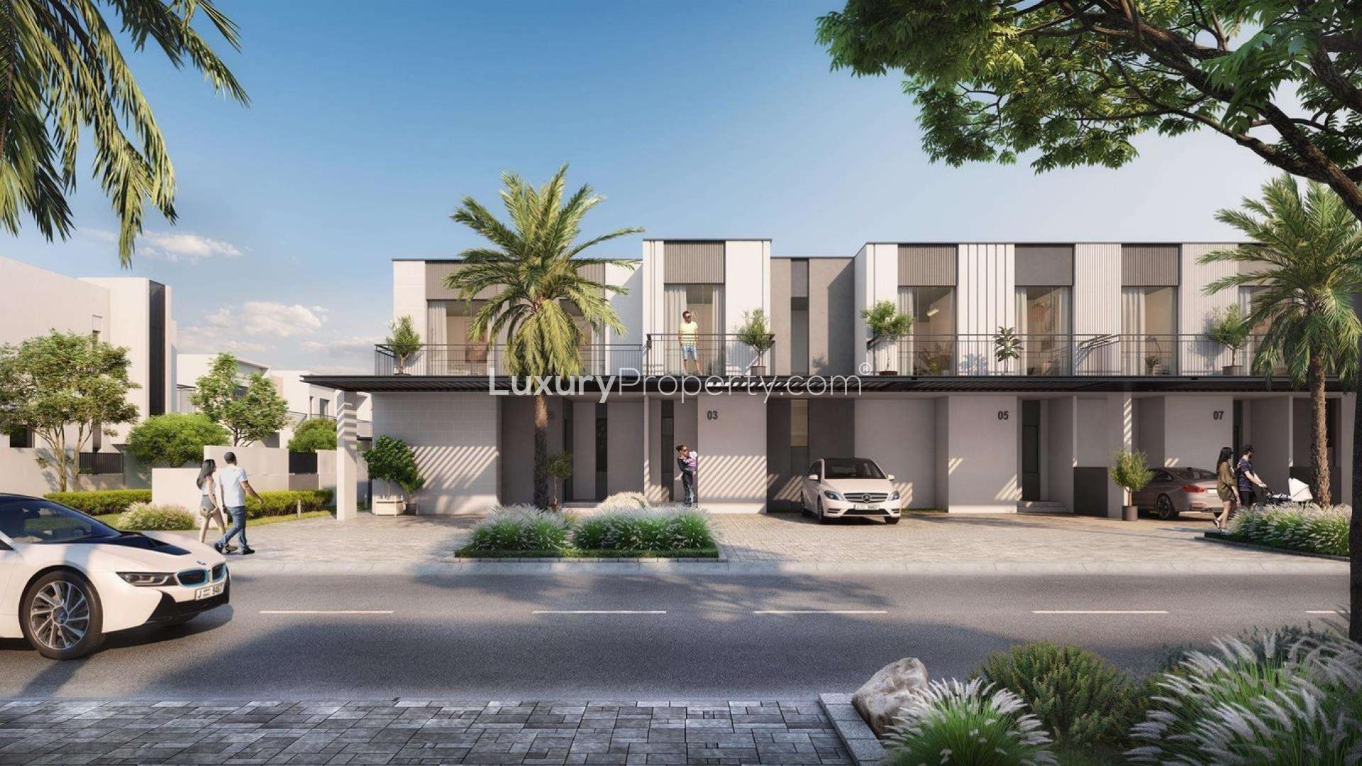 Modern living room in four-bedroom villa, Greenview at Emaar South, Dubai. Cozy and elegant decor