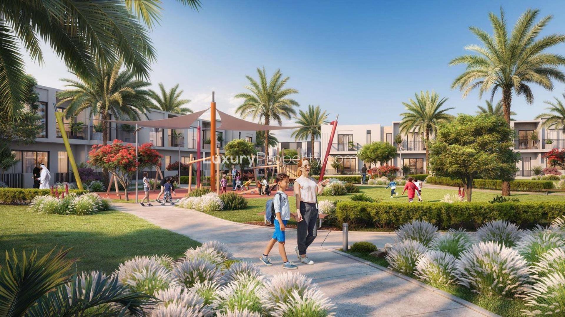 Modern living room in four-bedroom villa at Greenview, Emaar South, for sale