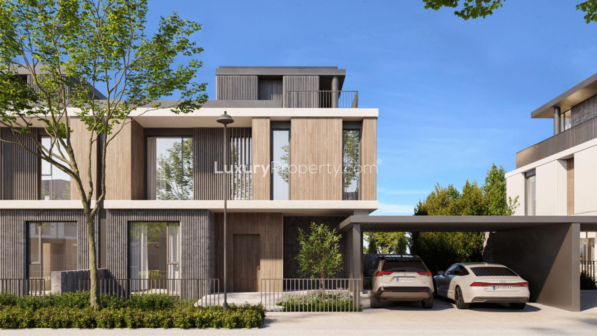 Four-bedroom villa exterior with carport in June II, Arabian Ranches III, for sale