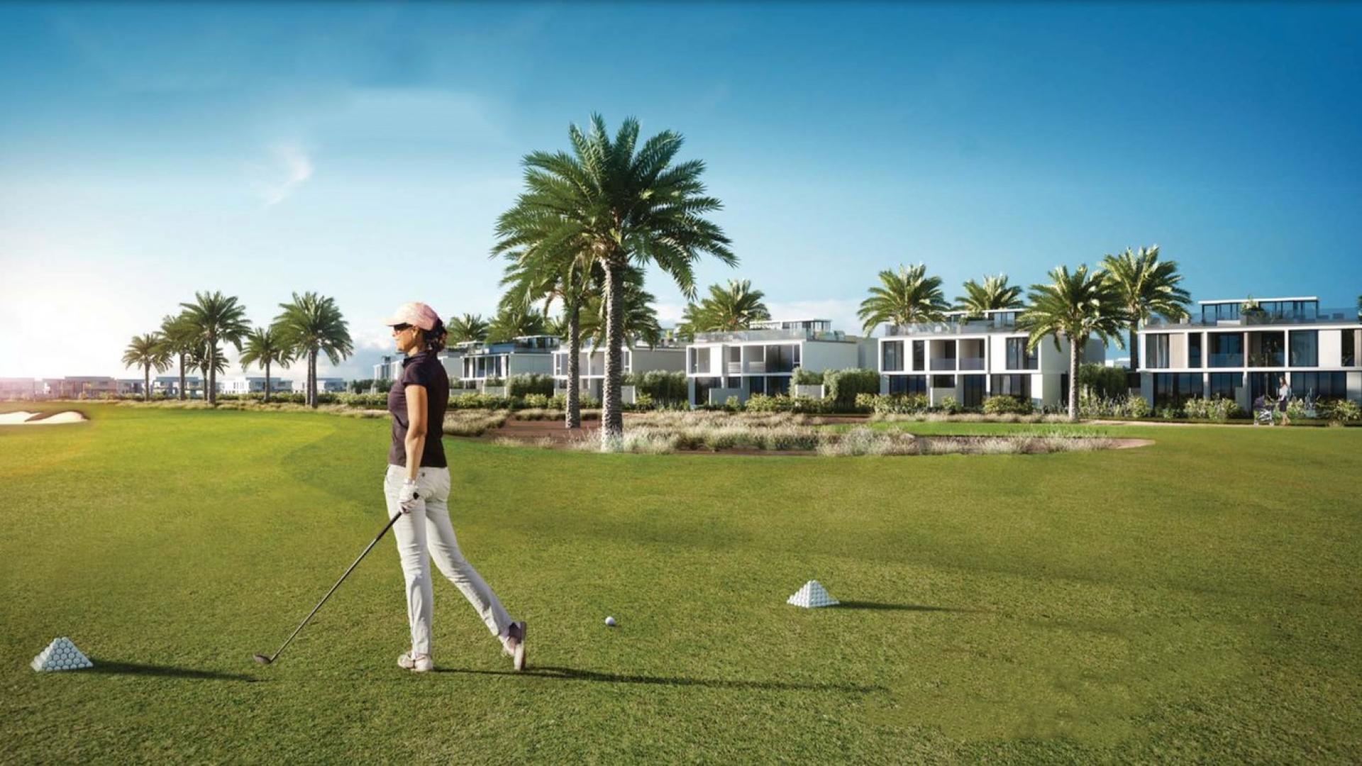Modern bedroom with city skyline view in Dubai Hills Estate townhouse, Golf Grove
