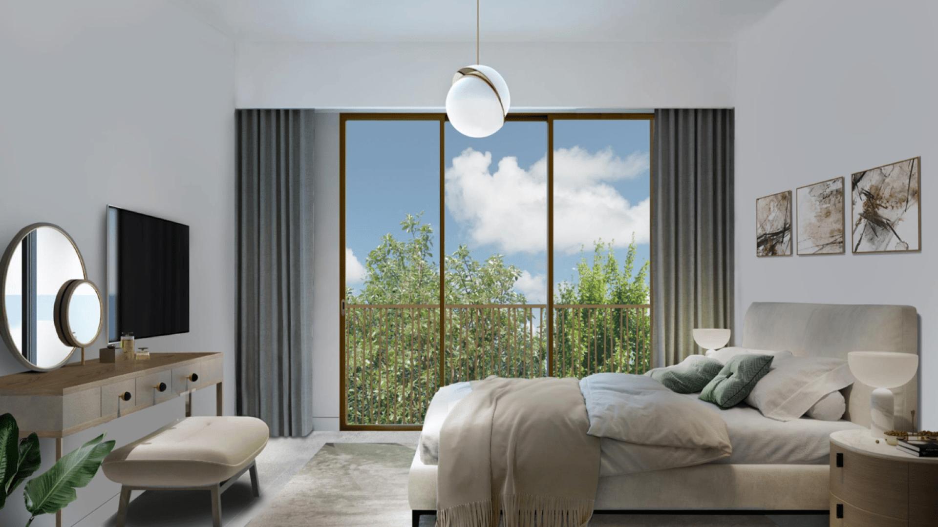 N/A,Contemporary master bedroom with large window in 4-bedroom townhouse, Villanova, Dubai Land