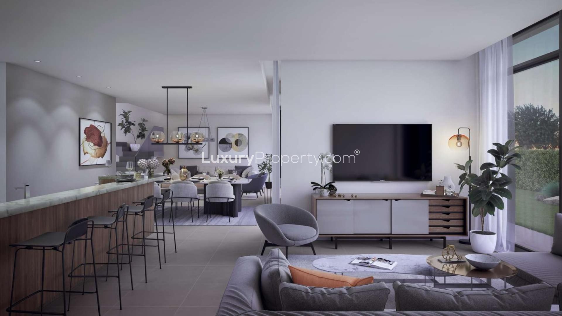 Modern living room and dining area in Arabian Ranches 3, Caya villa for sale