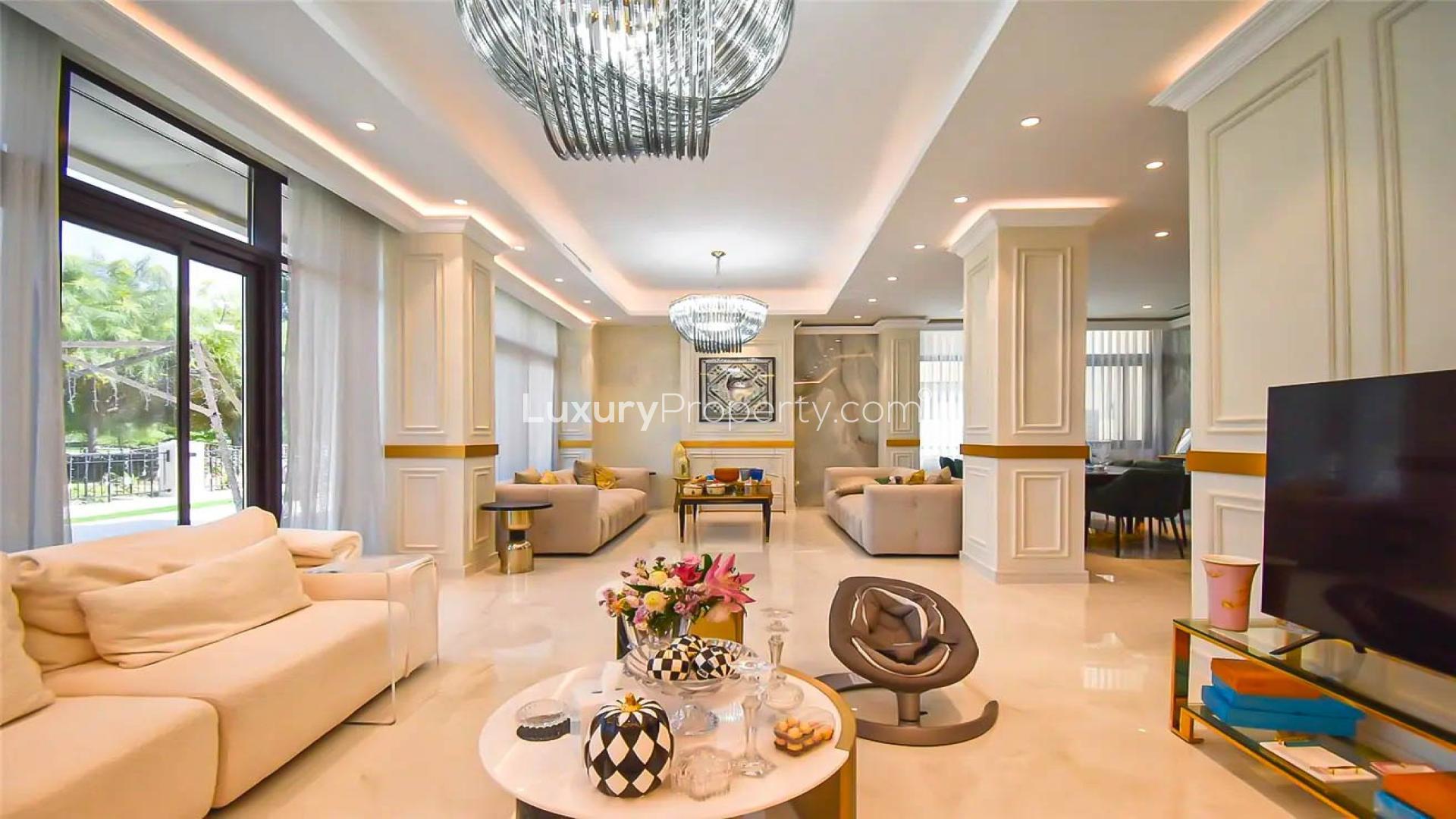 Luxurious living room in upgraded Damac Hills villa with elegant decor and natural light