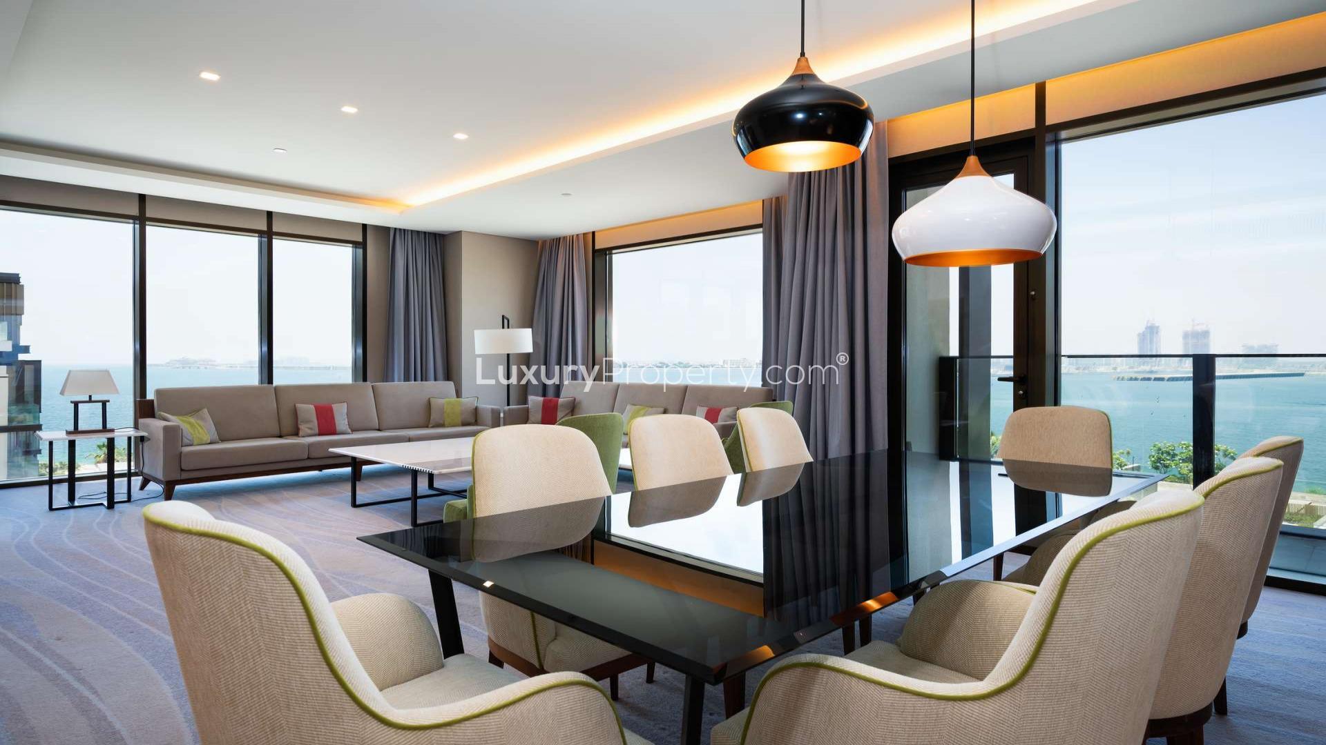 Sea view from fully furnished apartment in Bluewaters, Dubai; skyline and waterfront visible