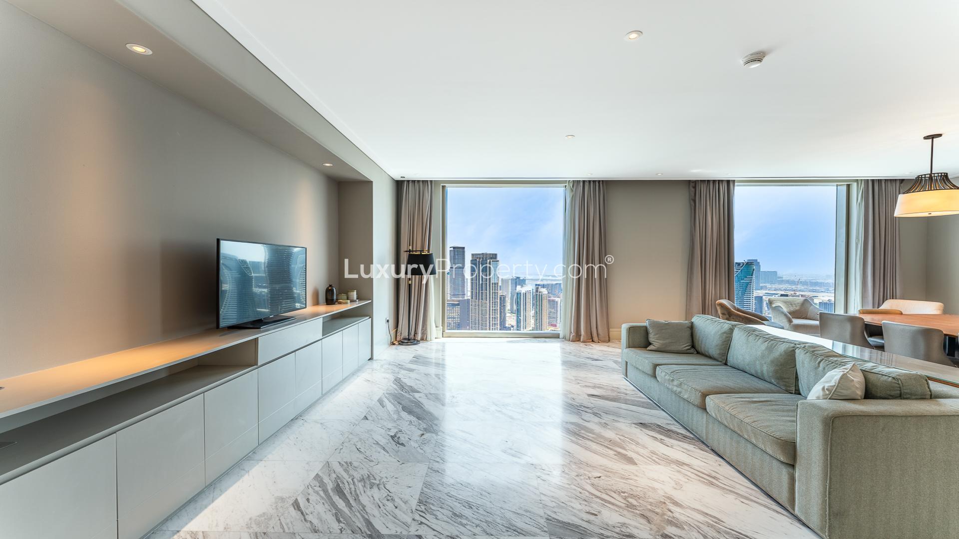 Luxury apartment living room with Burj Khalifa view, Downtown Dubai, Vida Residence