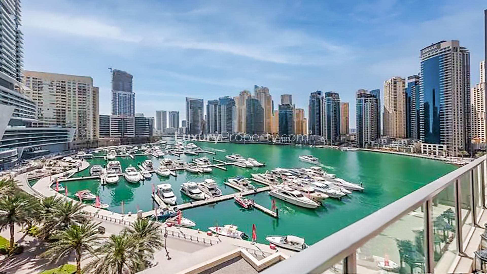 Balcony view of Dubai Marina from furnished apartment in Al Majara, available for rent