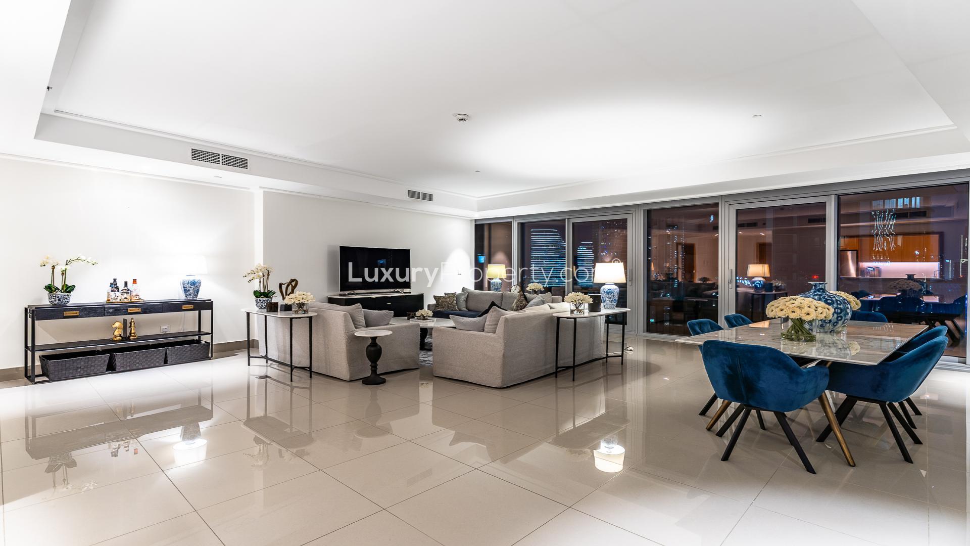 Furnished living and dining area in 4-bedroom apartment, Opera Grand, Downtown Dubai